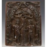 Vier verschillende eikenhouten gestoken kast panelen met religieuze scenes, 18e eeuw,