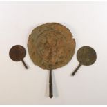 West Africa, three metal fans and a lidded container box