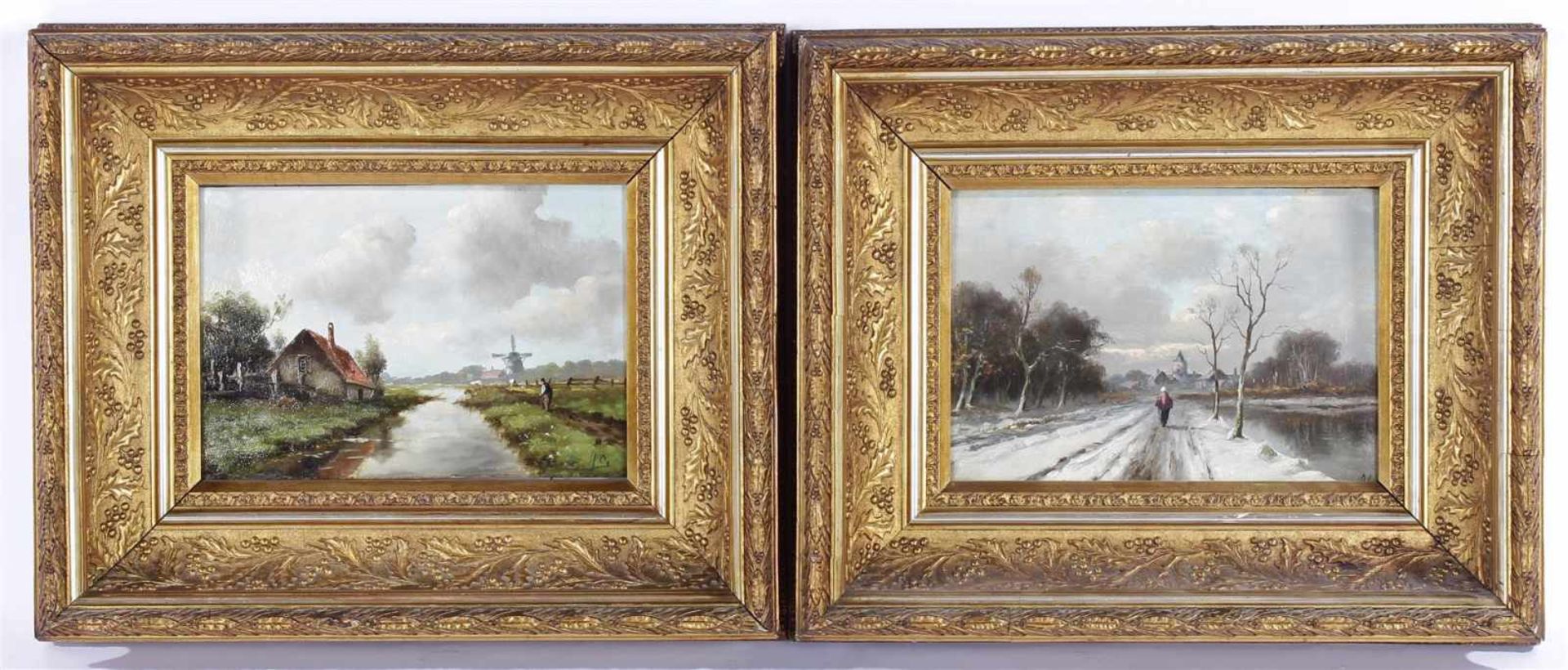 Monogram HG, Hollands landschap, paneel 22x33 cm en monogram HG, Winters landschap met vrouw op weg,