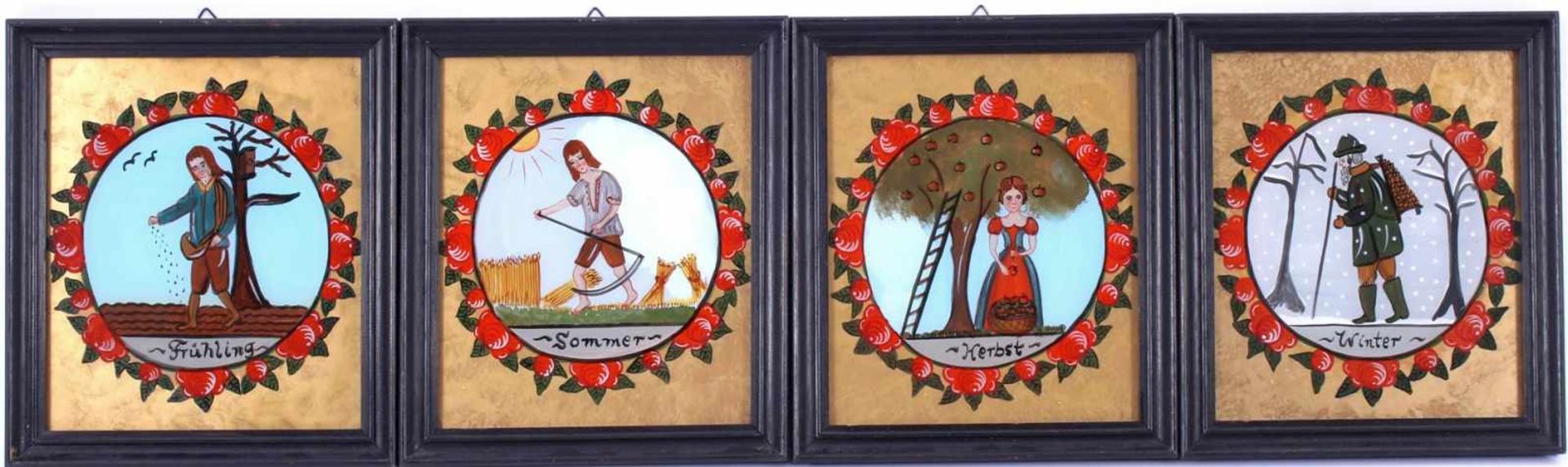 4 Duitse handbeschilderde wanddecoraties achter glas van 4 jaargetijden Winter, Fruhling, Sommer,