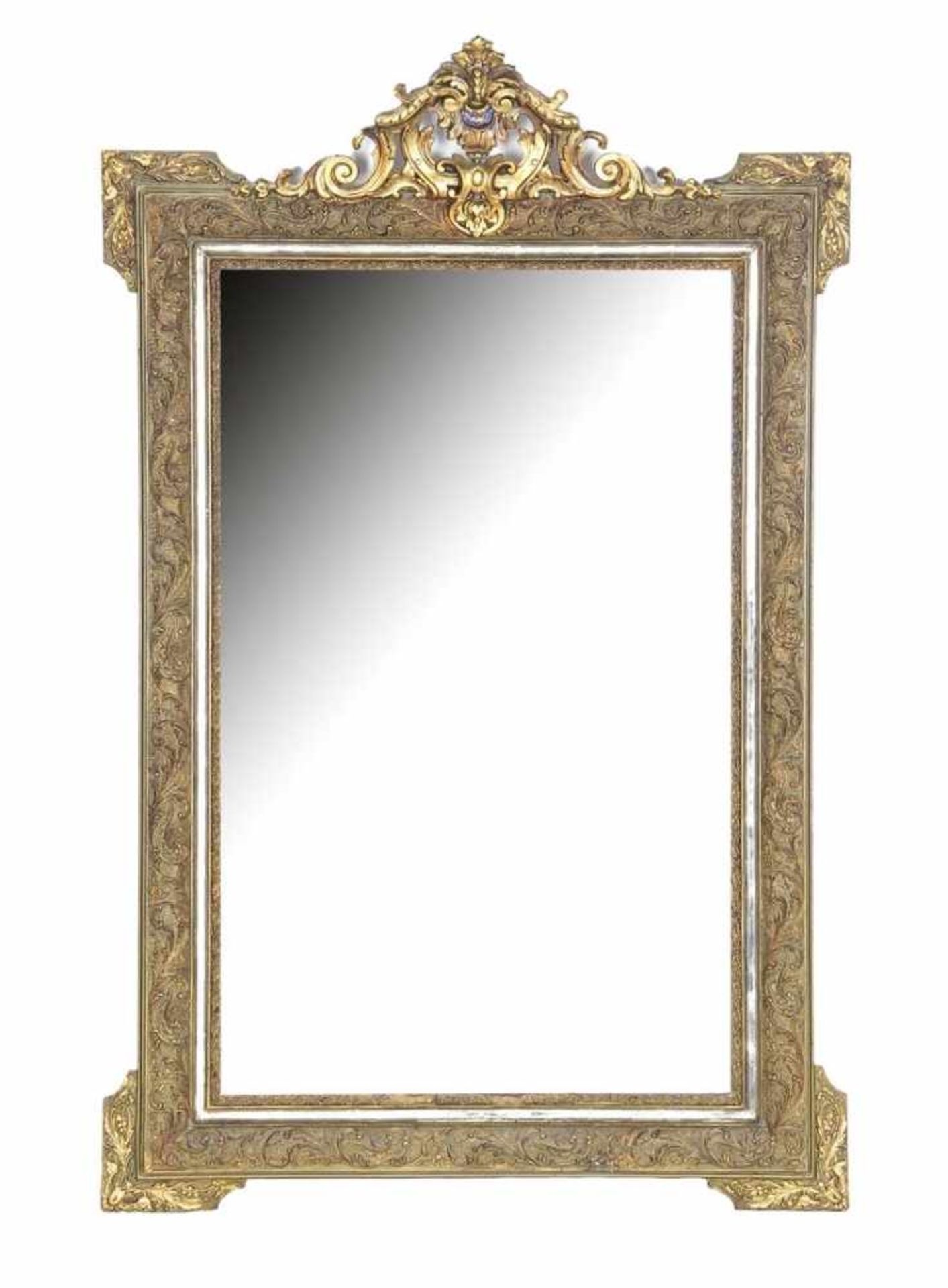 Goudkleurige facetgeslepen spiegel met kuif en rijkversierde lijst met guirlandes, 135x85 cm