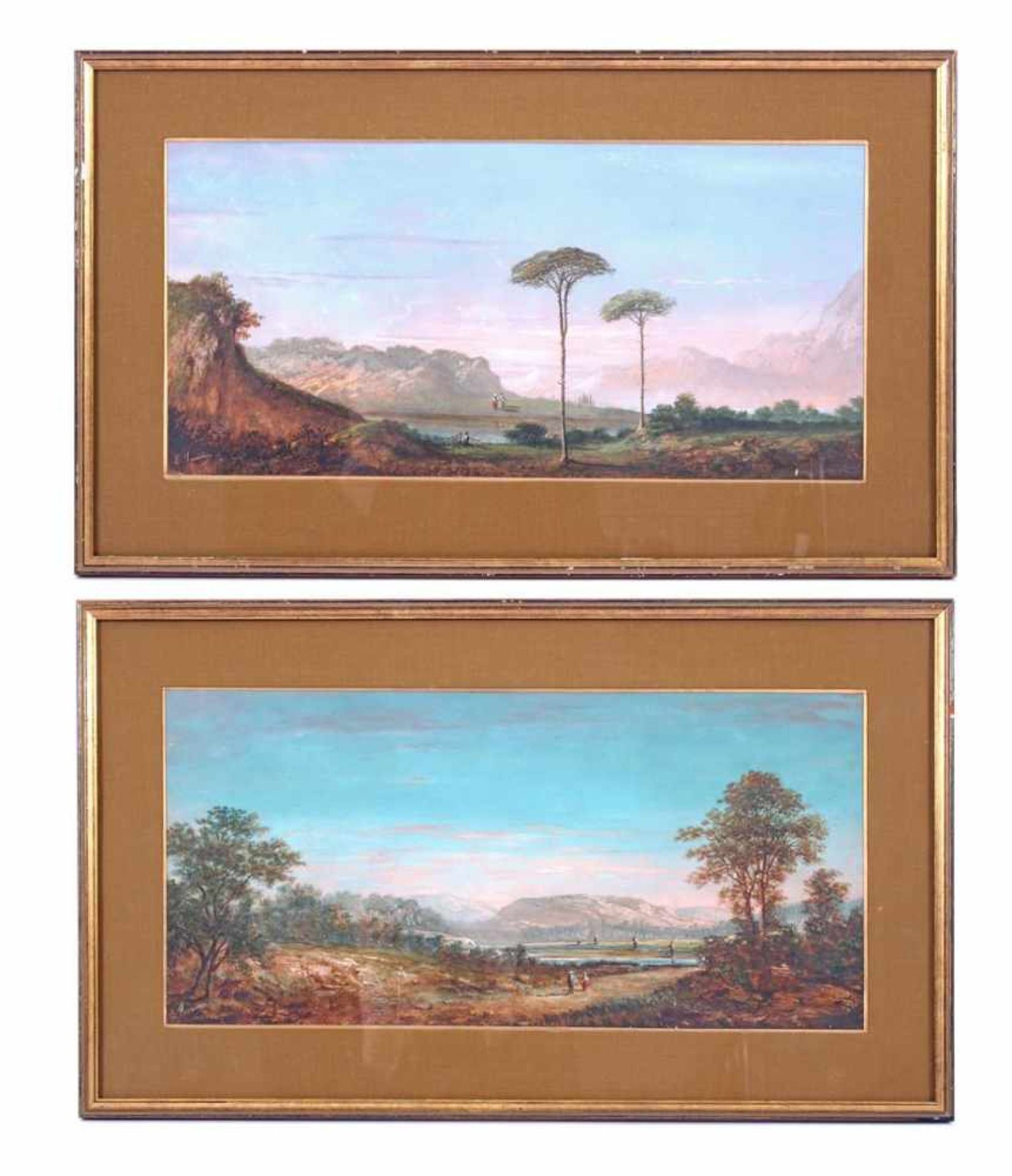 2x gesigneerd, Ferriere, E, Bergachtig landschap met figuren, 2x olieverf op papier19,5x41 cm