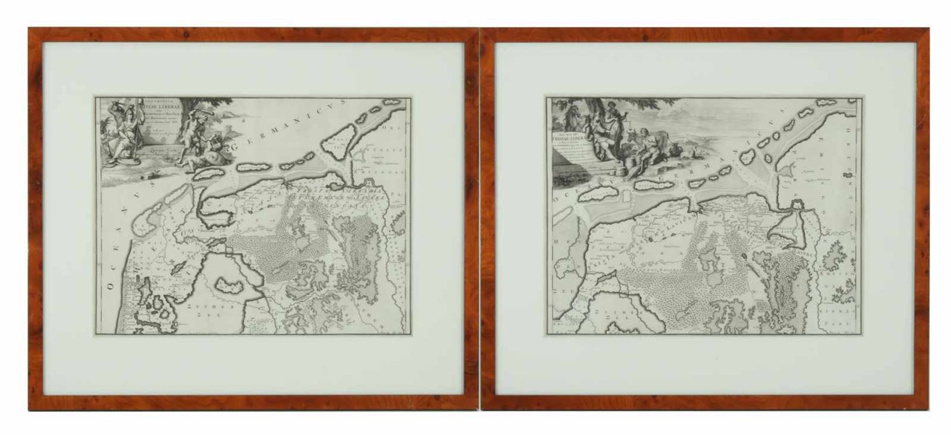 2 antieke topografische kaarten, descriptio Frisiae Liberae, Mesone Alting uit 1725, 32x42 cm per