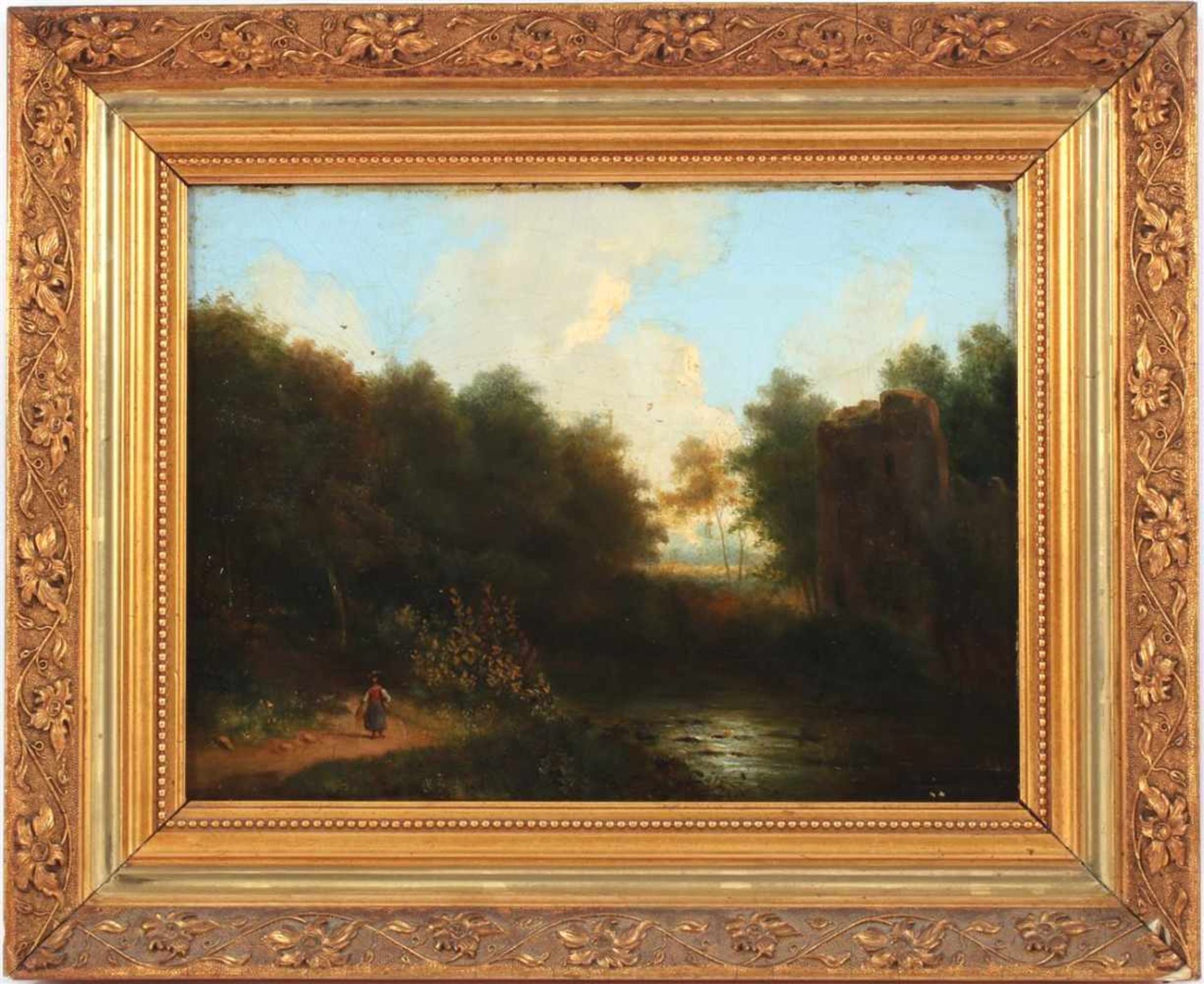 Anoniem, Landschap met vrouw op zandpad langs watertje bij burcht, paneel ca. 1840, 22,5x30 cm