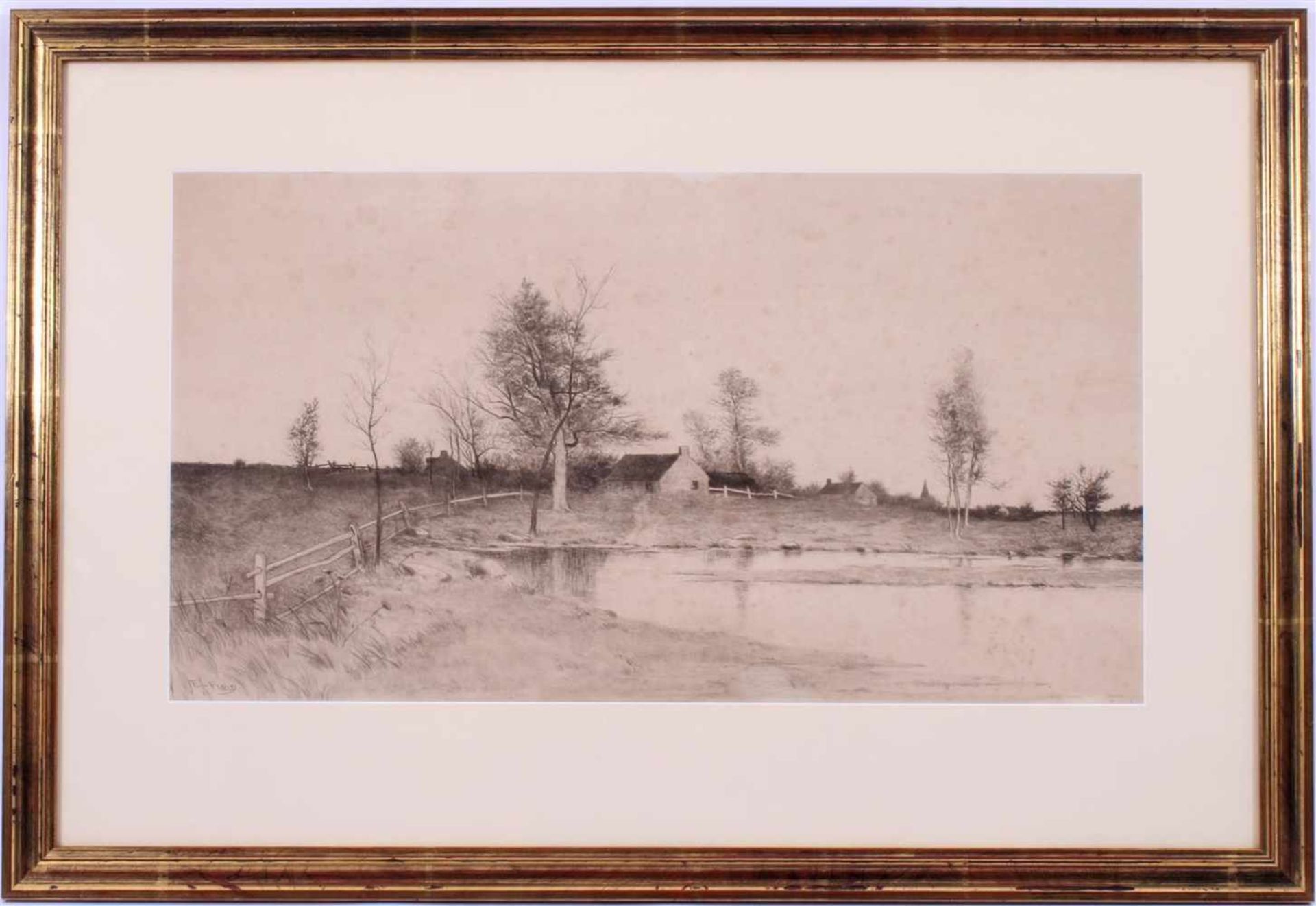 Gesigneerd Field, Boerderij aan plas, ets 31x57 cm