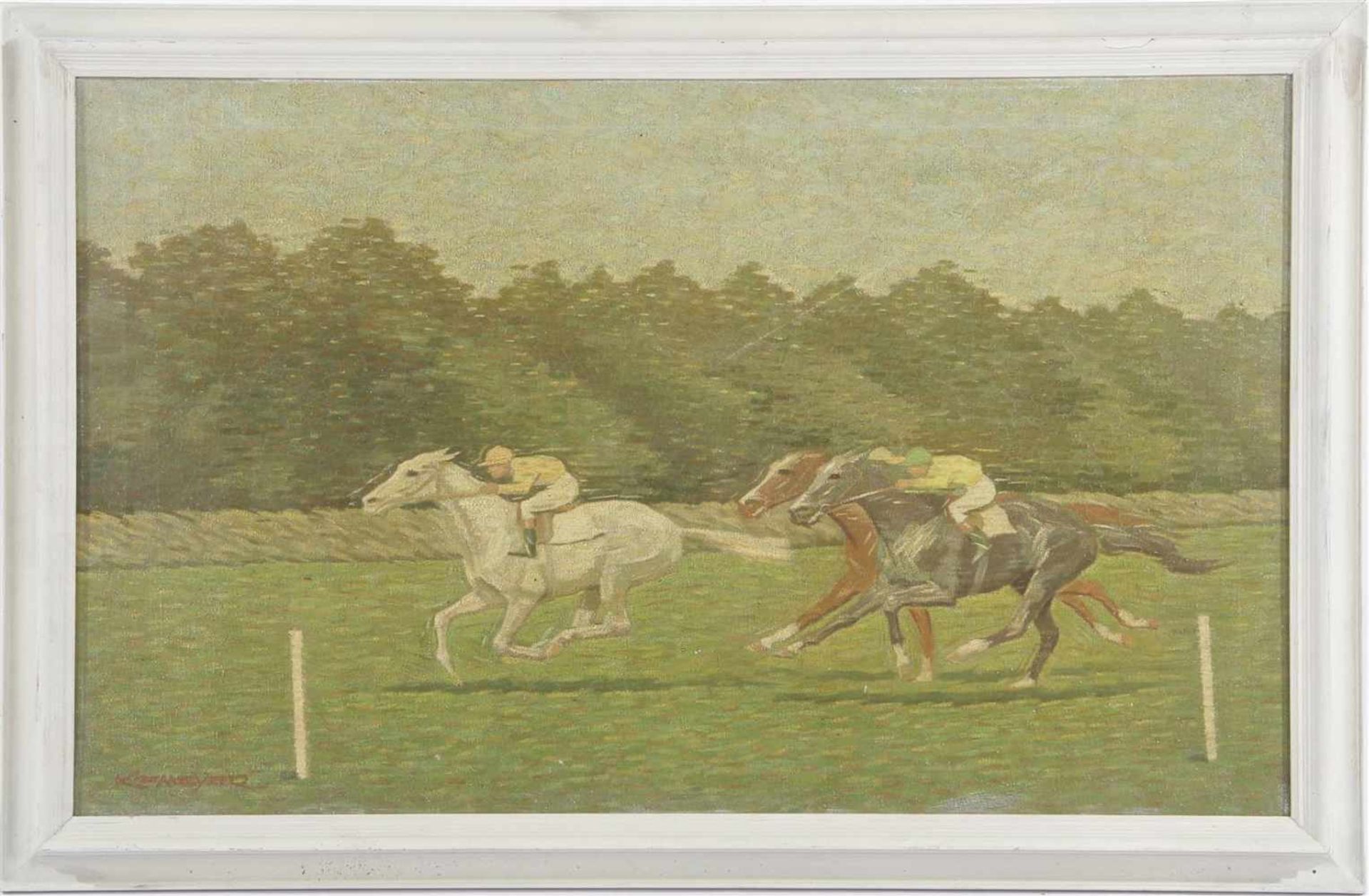 Gesigneerd K E Meyer, de paardenrace, doek 50x80 cm