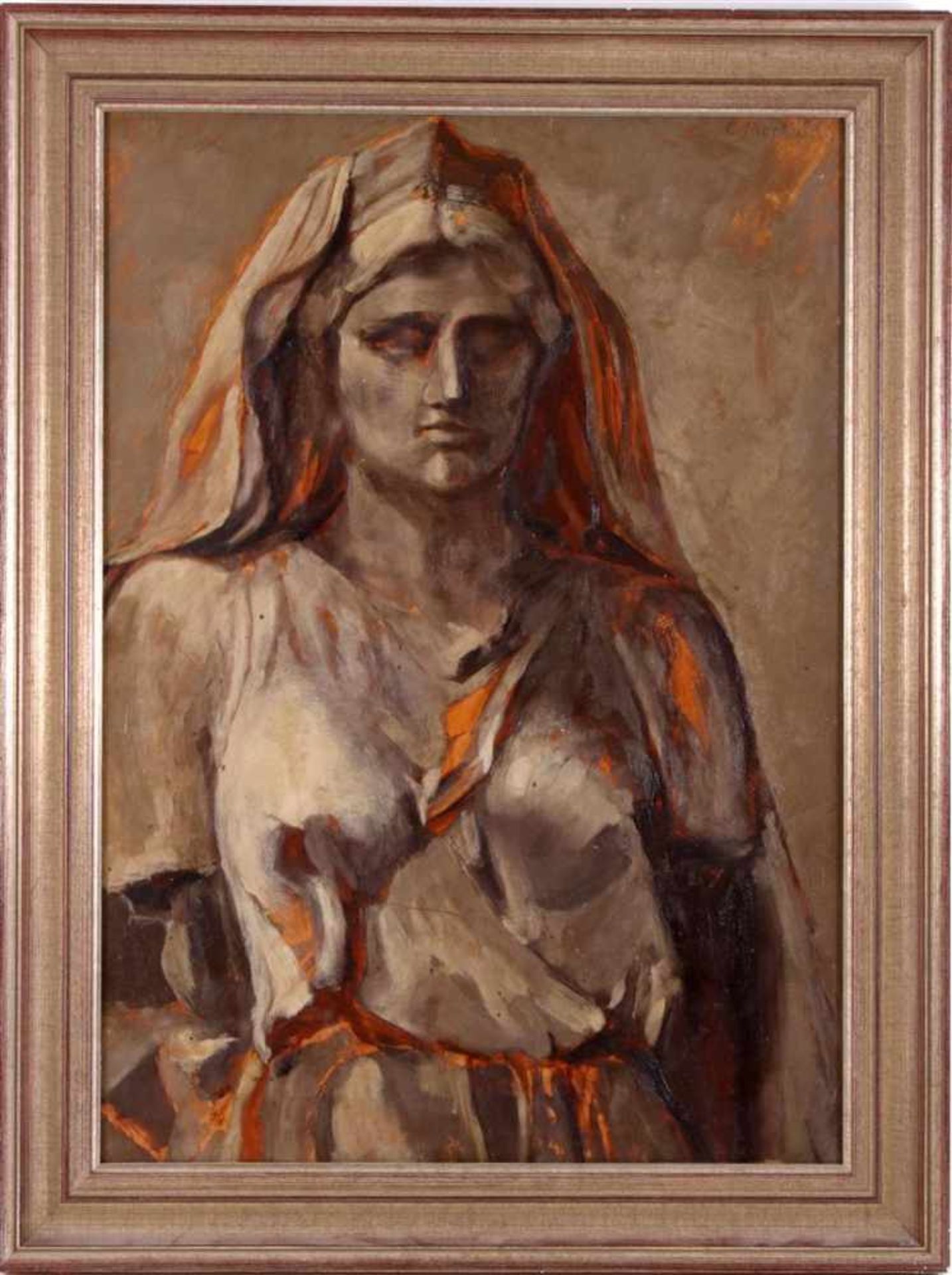 Onduidelijk gesigneerd, Poserende dame, olieverf op papier, 70x50 cm