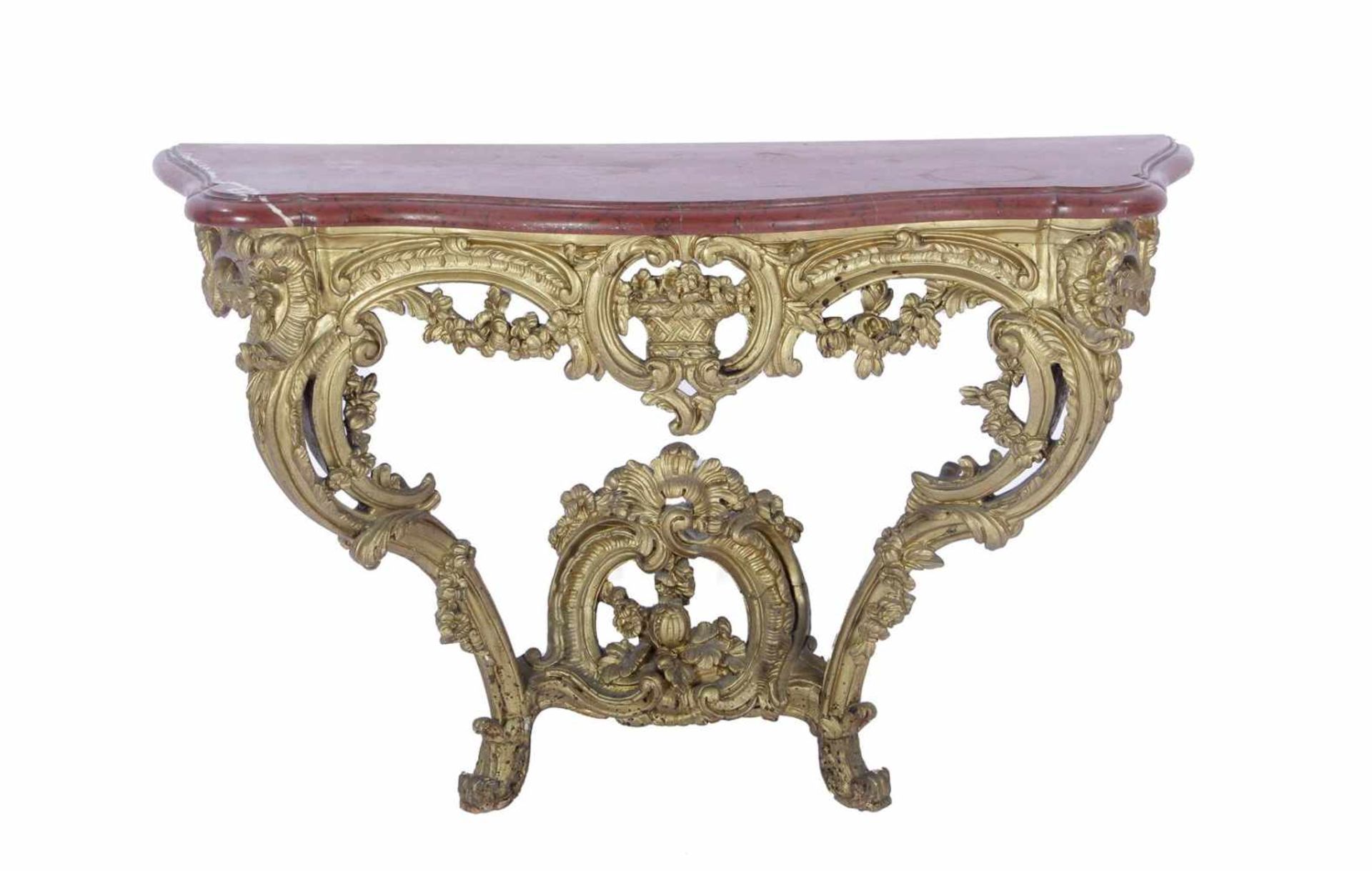 Barok houten vergulde consoletafel met rood marmeren blad 69 cm hoog, 107,5 cm breed, 45 cm diep
