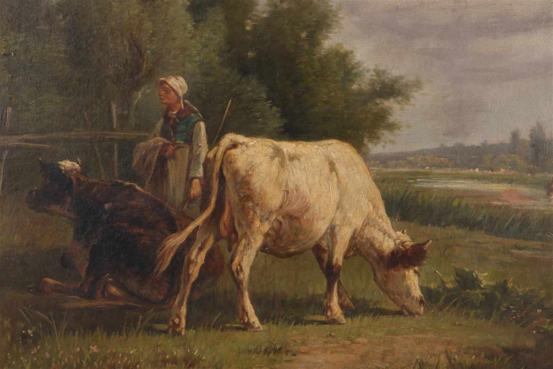 Gesigneerd Martinez, Boerin met koeien, doek 19e eeuw, 70x90 cm - Image 2 of 2