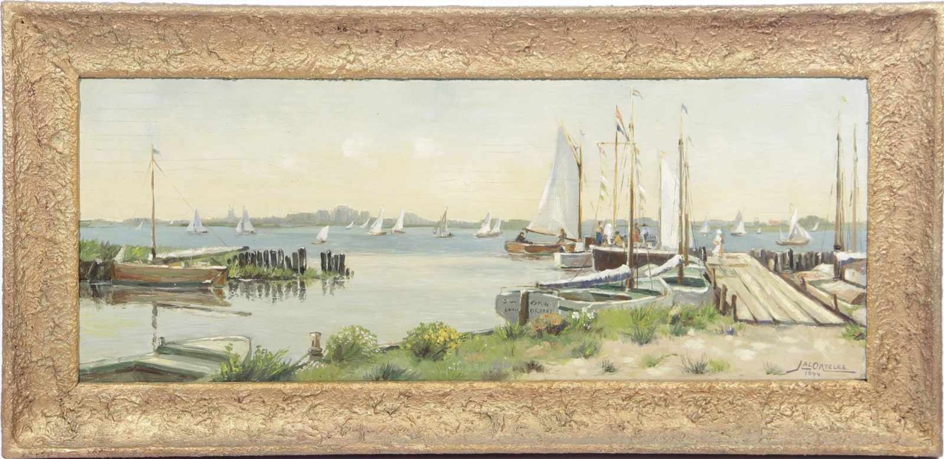 Gesigneerd Ortelee, Jac, Gezicht op meer met zeilboten, paneel gedateerd 1944, 33,5x84,5 cm