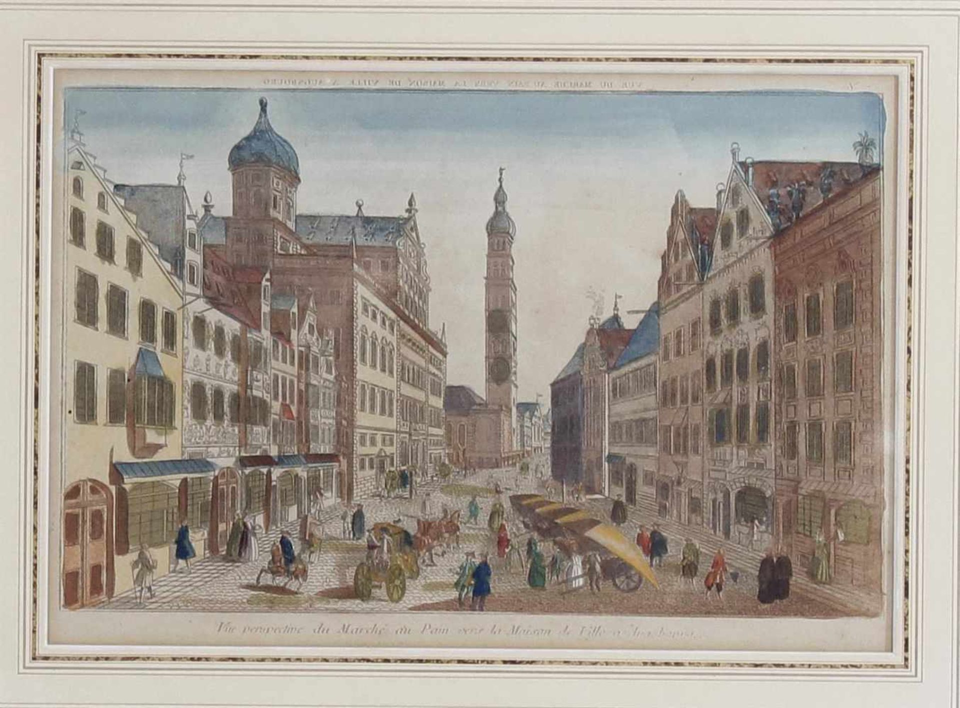 Antieke ingekleurde gravure van Augsburg ten tijde van 18e eeuw 28x41 cm en Madrid 25x39,5 cm - Bild 3 aus 3