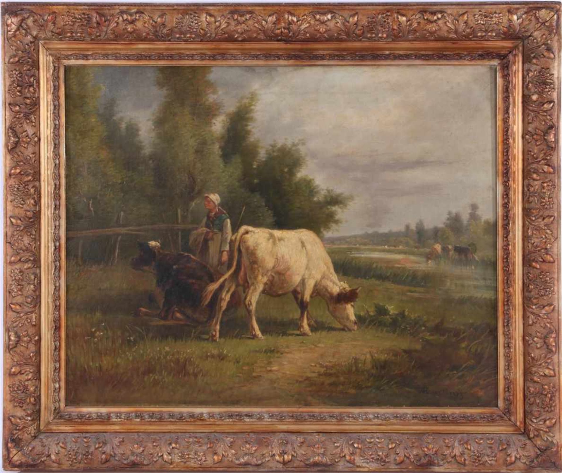 Gesigneerd Martinez, Boerin met koeien, doek 19e eeuw, 70x90 cm