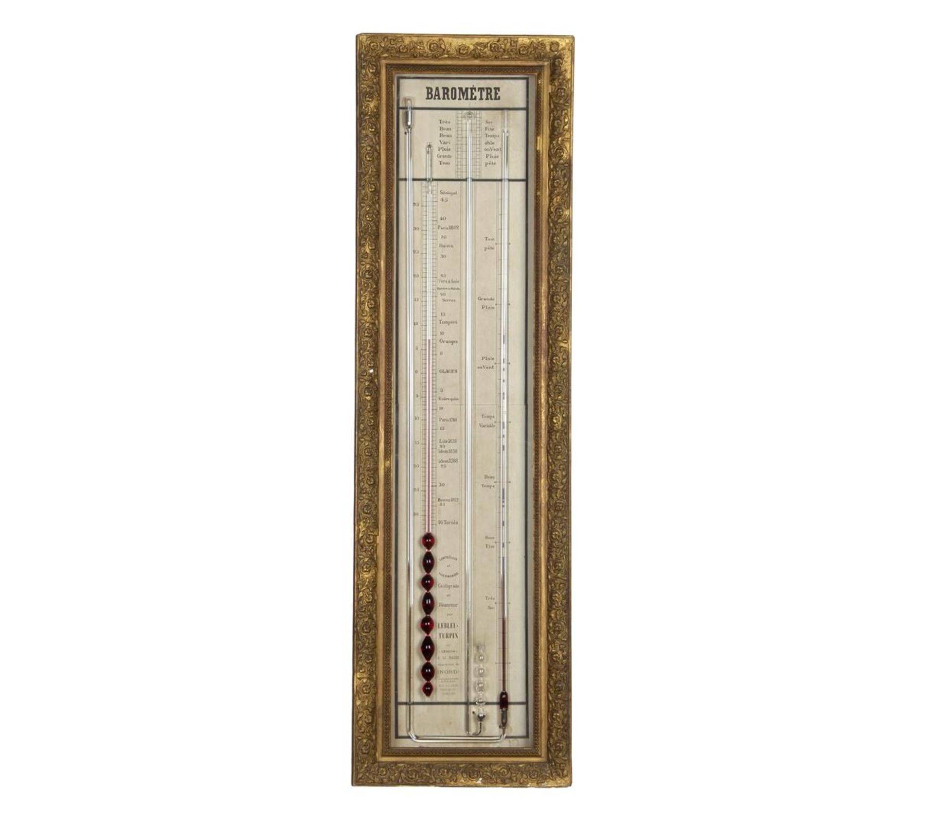 Antieke Franse barometer in fraaie goudkleurige gedecoreerde lijst, ca. 1890, 98 cm hoog. (werkend)