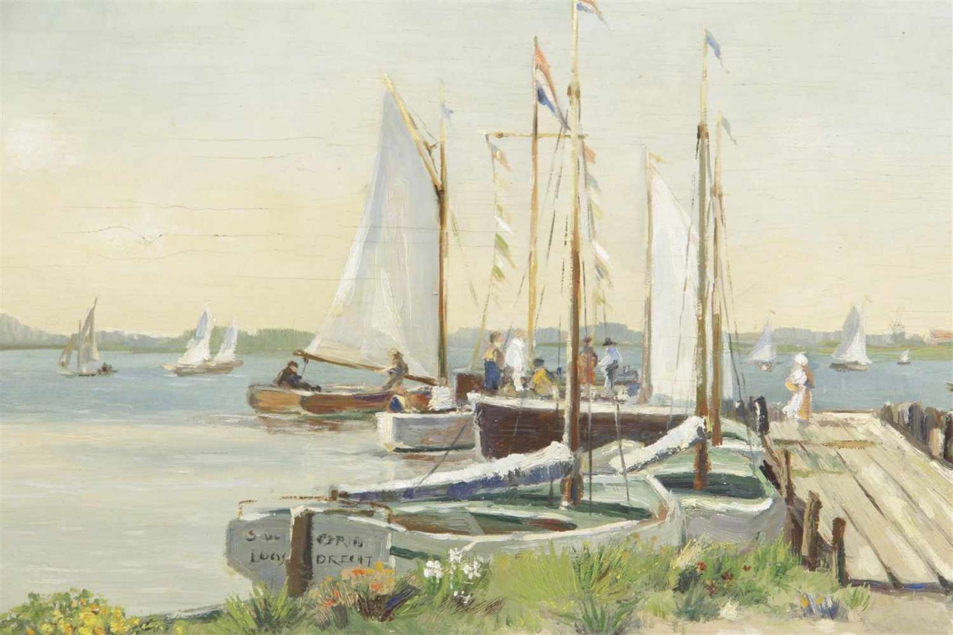 Gesigneerd Ortelee, Jac, Gezicht op meer met zeilboten, paneel gedateerd 1944, 33,5x84,5 cm - Bild 2 aus 2