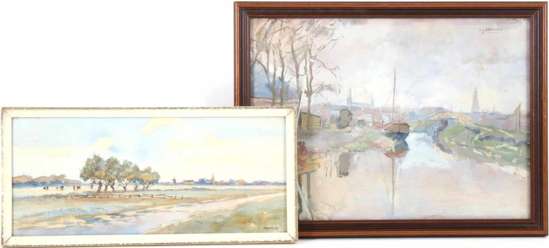 Gesigneerd, Schuurman, WJ, Boot met rivier, huizen, brug en stad op achtergrond, aquarel 29x40 cm en