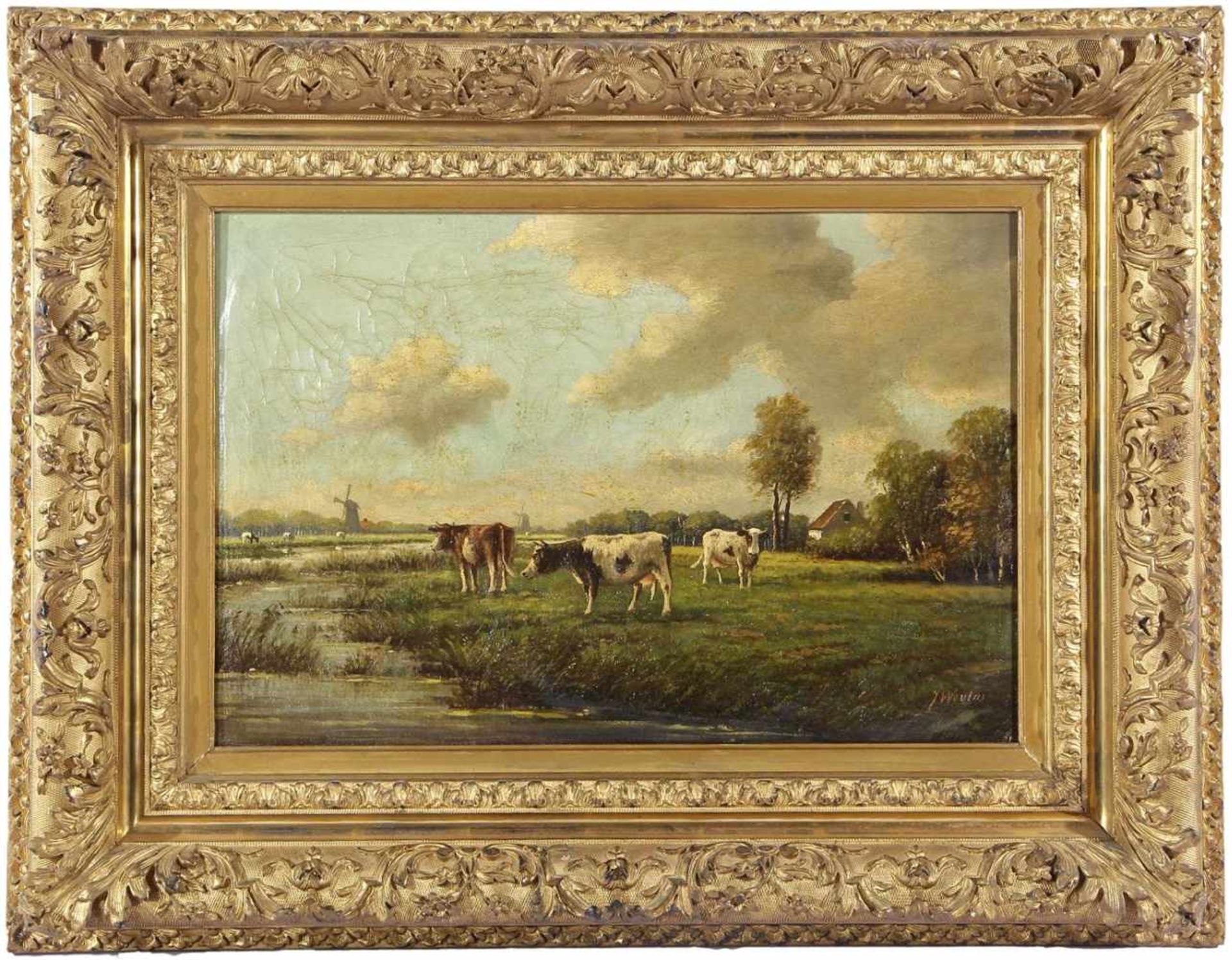 Gesigneerd J Wouters, Hollands landschap met koeien aan de sloot, doek 40x60 cm (craquele) in een