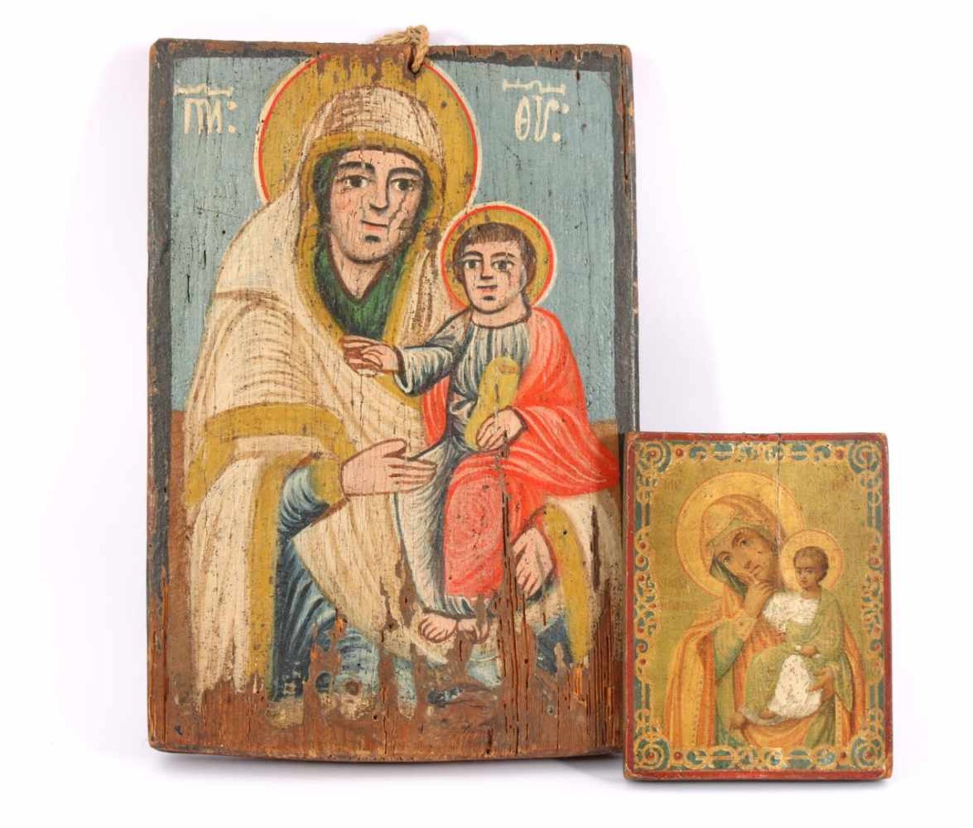 2 Russische ikonen met afbeeldingen van Madonna met kind, 19e eeuw 16x12 cm en 33x23 cm