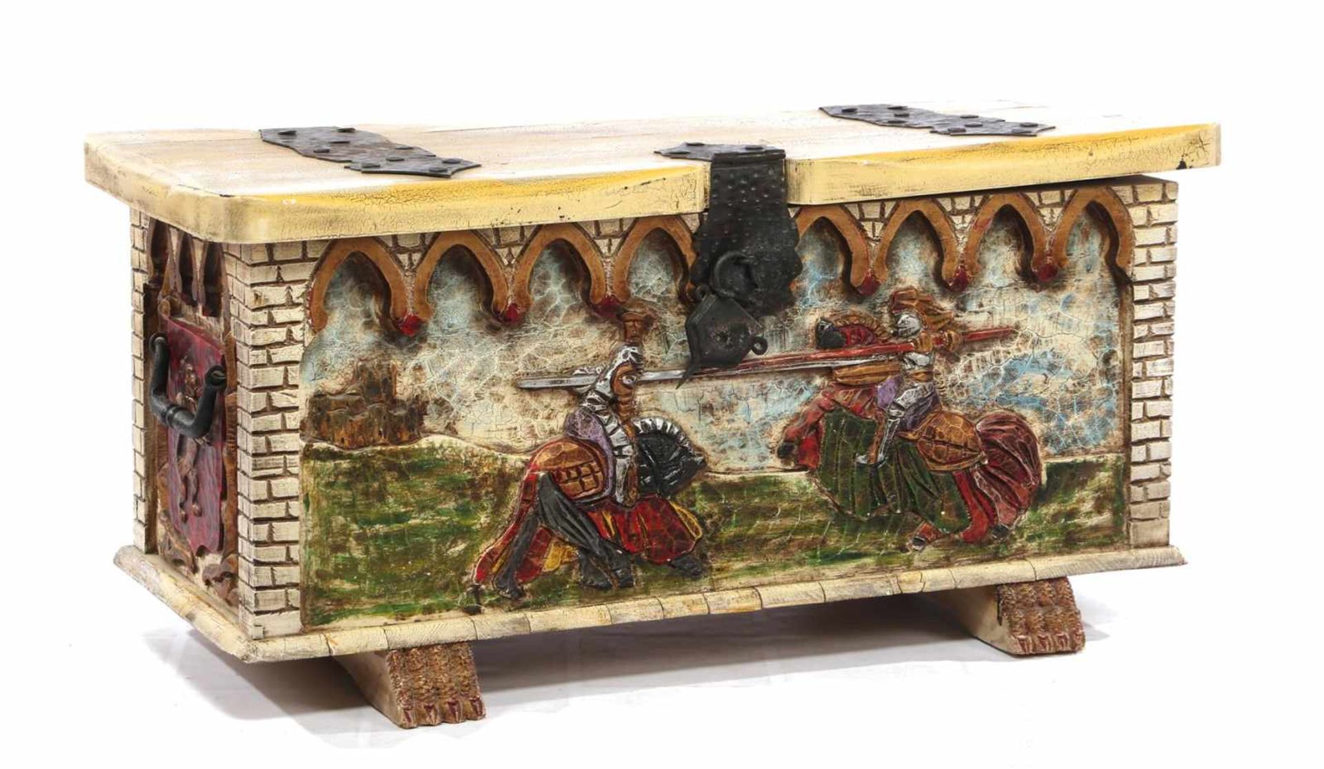 Spanish chestnut chest with polychrome meshwork depicting knight's combat, with wrought iron