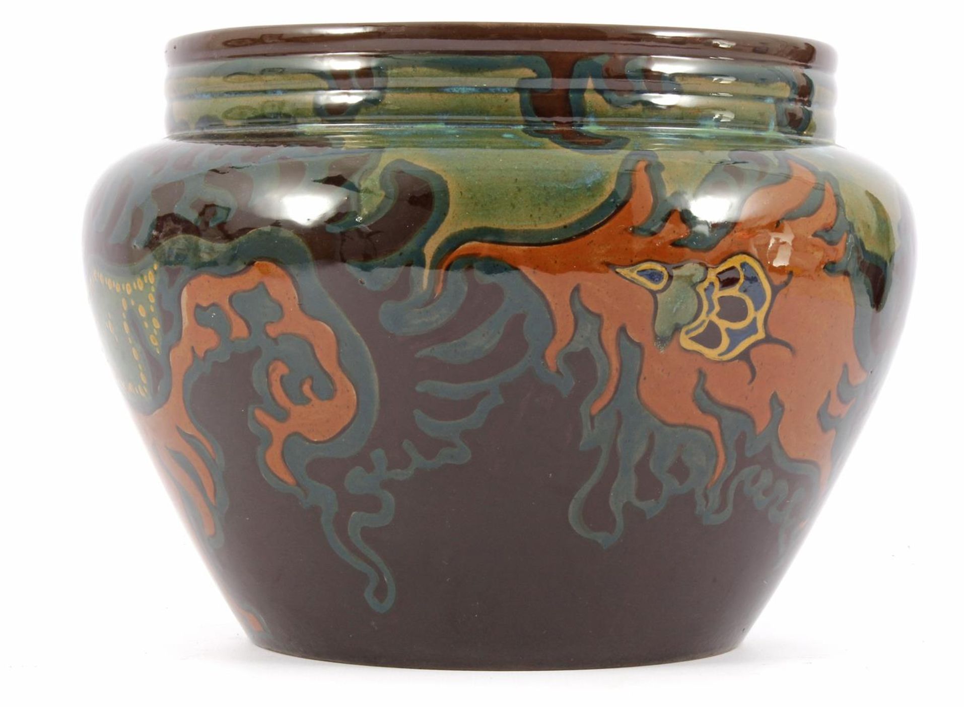 South Holland Gouda pottery cachepot with decor Flambe, year 1918, painter RR, model 353, 19 cm