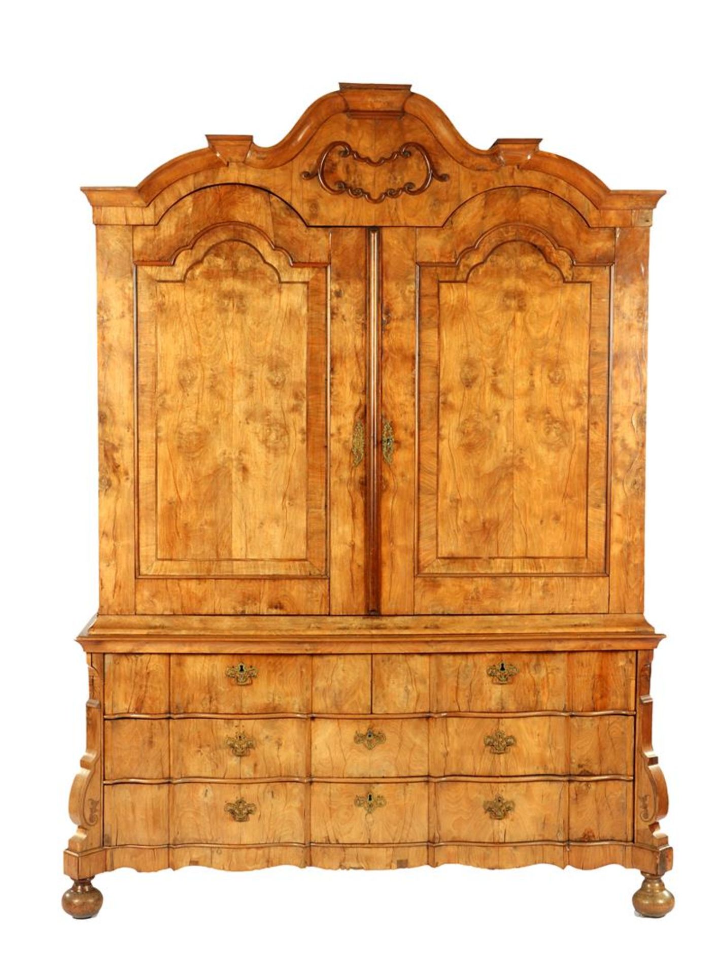Mahogany veneer on oak 18th century cabinet with 3-drawer organ curved base cabinet 238 cm high, 178