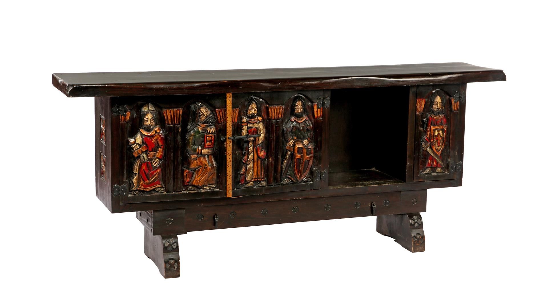 Spanish chestnut sideboard with 3 doors, drawer and decorated decors of polychrome colored flowers