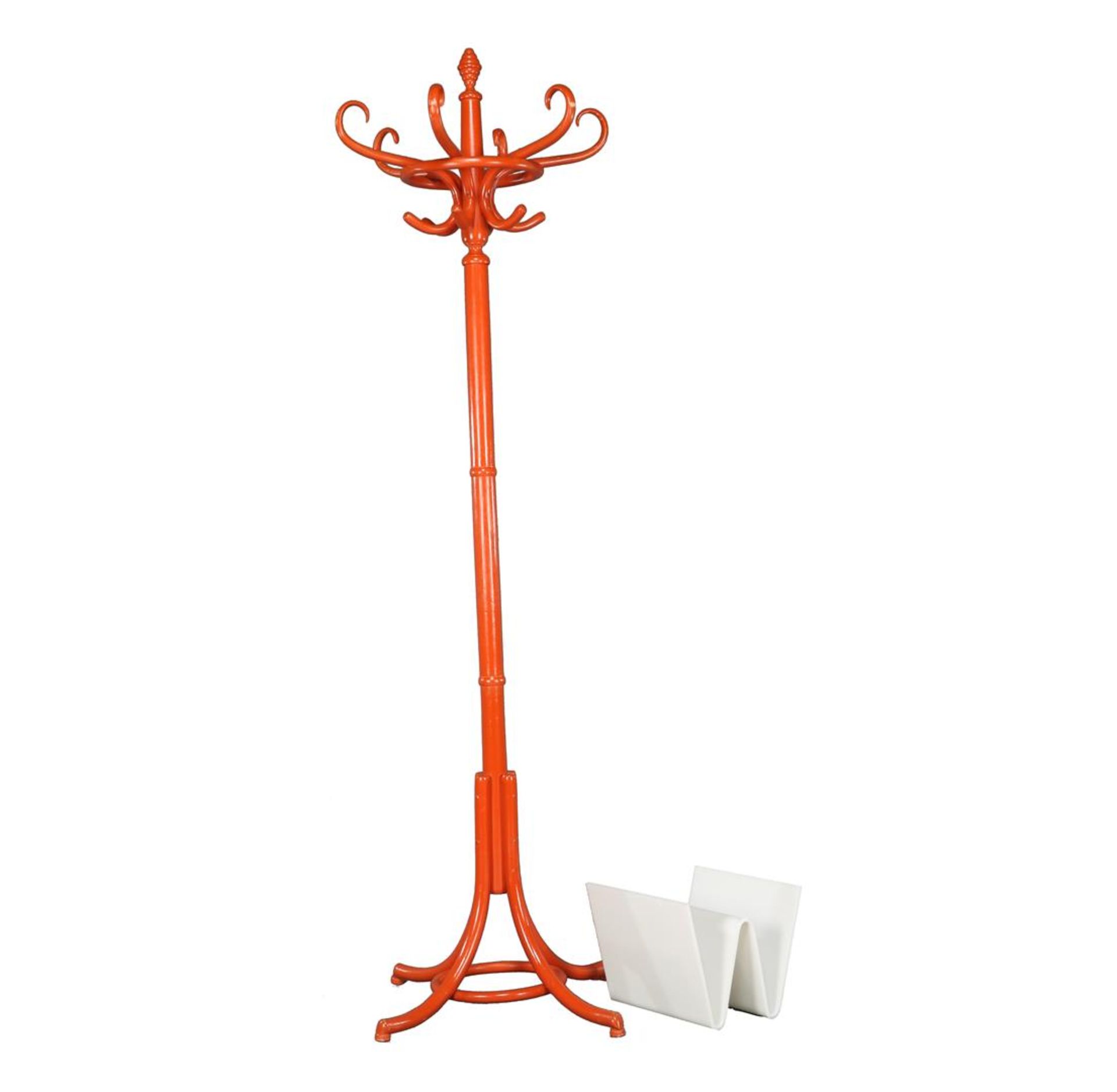 Orange lacquered standing spider coat stand 188 cm high and white plexiglass magazine rack, m-
