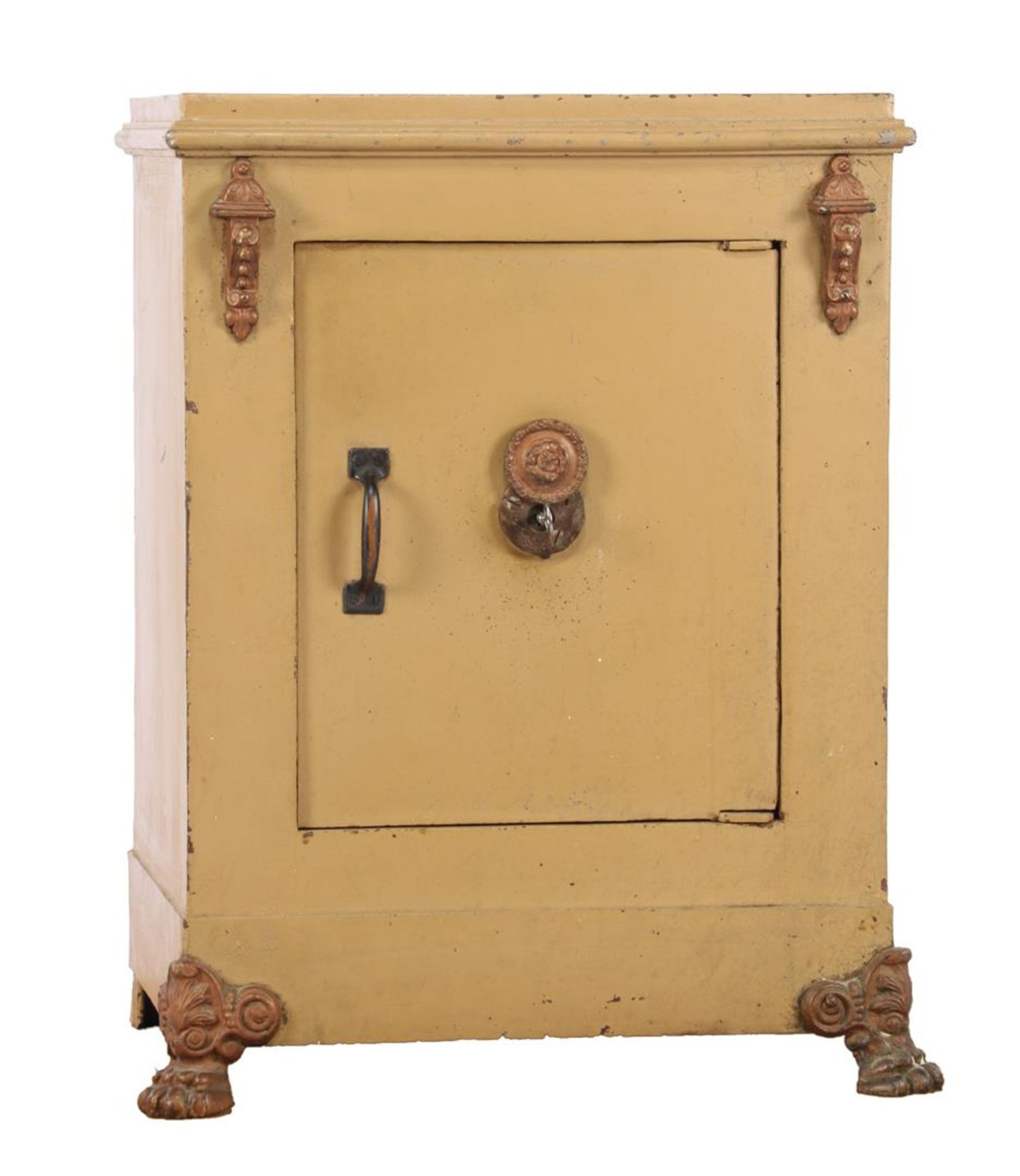 Antique safe with key, standing on claw feet 79 cm high, 59 cm wide, 45.5 cm deep