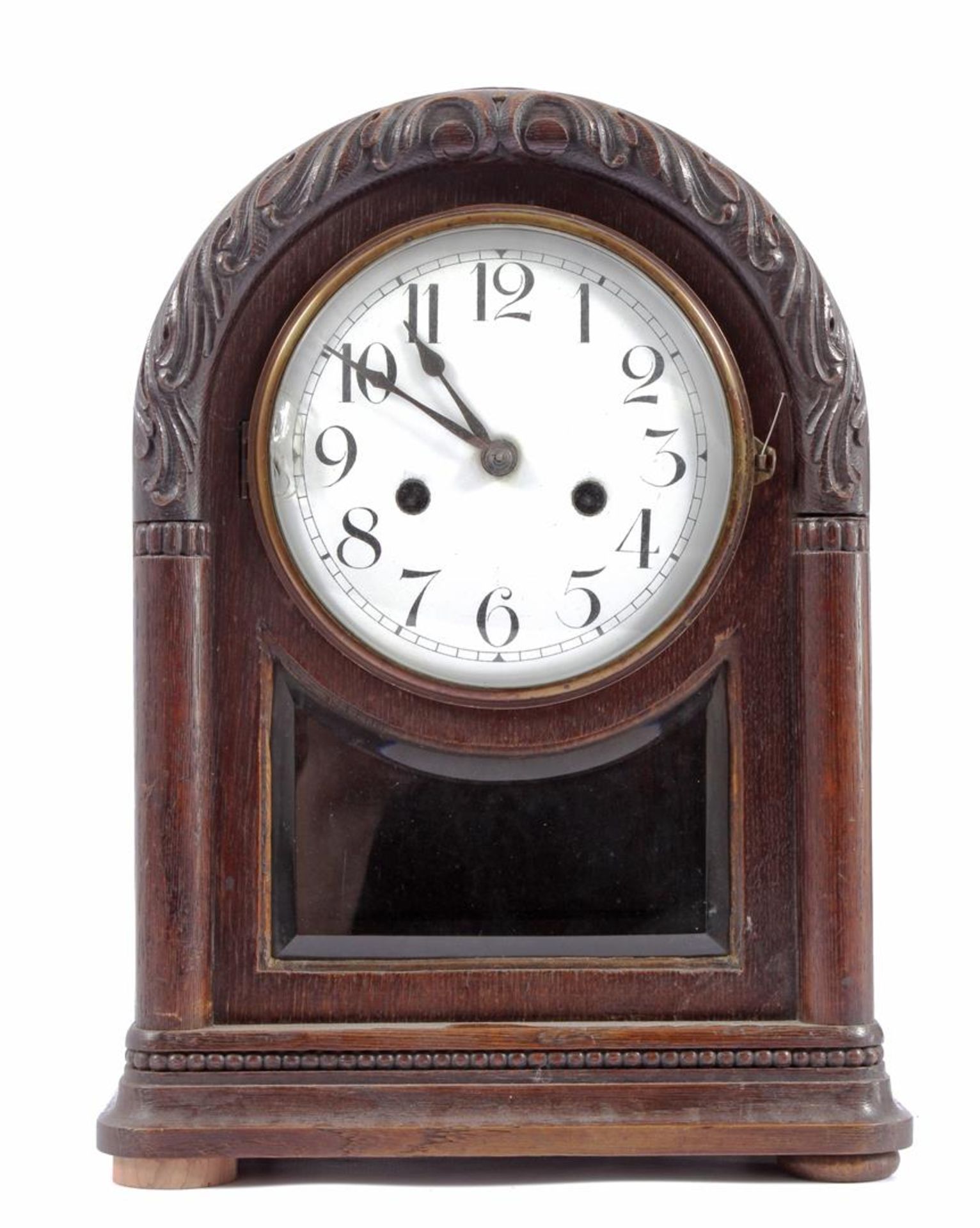 Table clock in oak case with stitching, facet cut diamond 35 cm high (damage to diamond for dial and