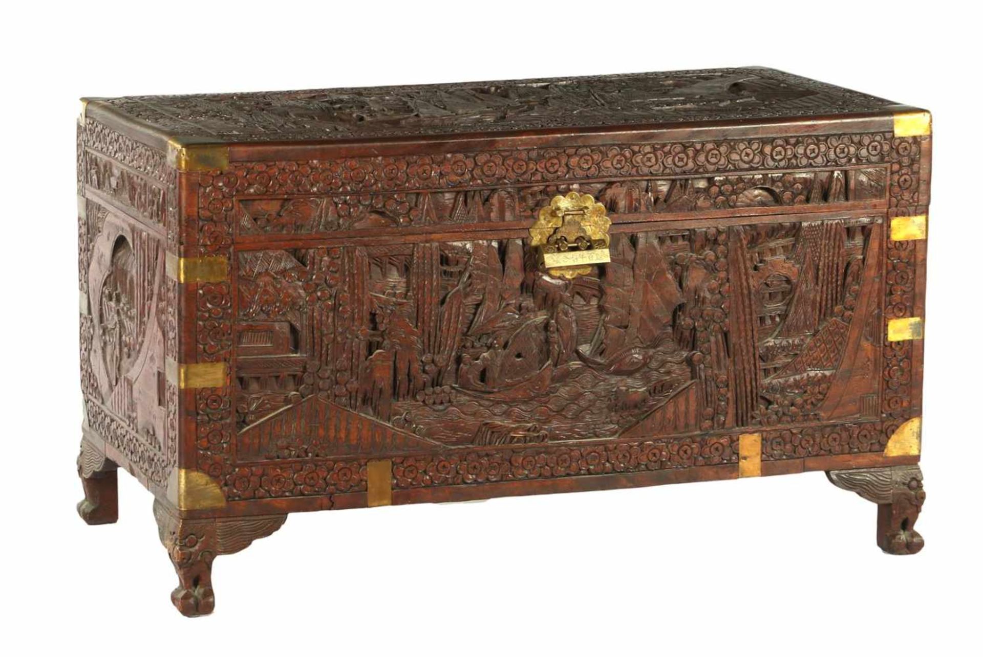 Teak Oriental richly carved camp chest 61.5 cm high, 105.5 cm wide, 53 cm deep