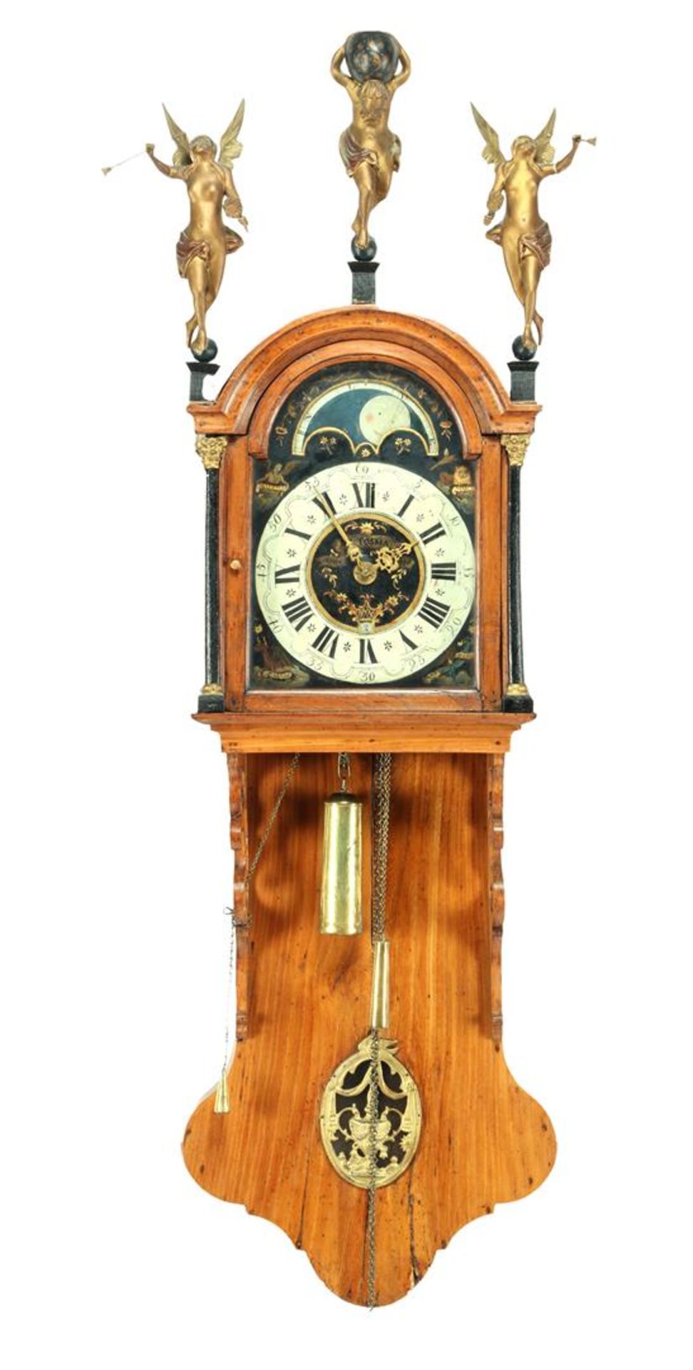 Frisian tail clock with double bell, painted dial with Matthew, Mark, Luke and John and moon