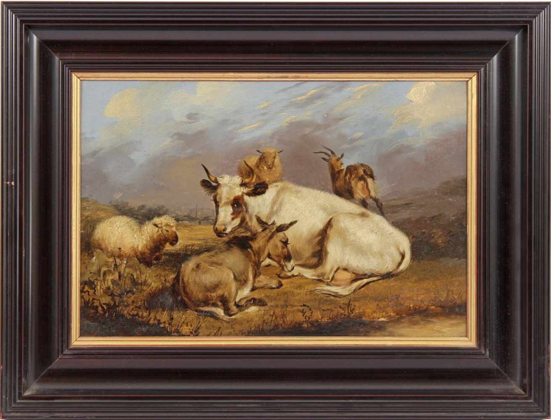 Anonymous, resting cattle in landscape, panel 26.5 x 39 cm