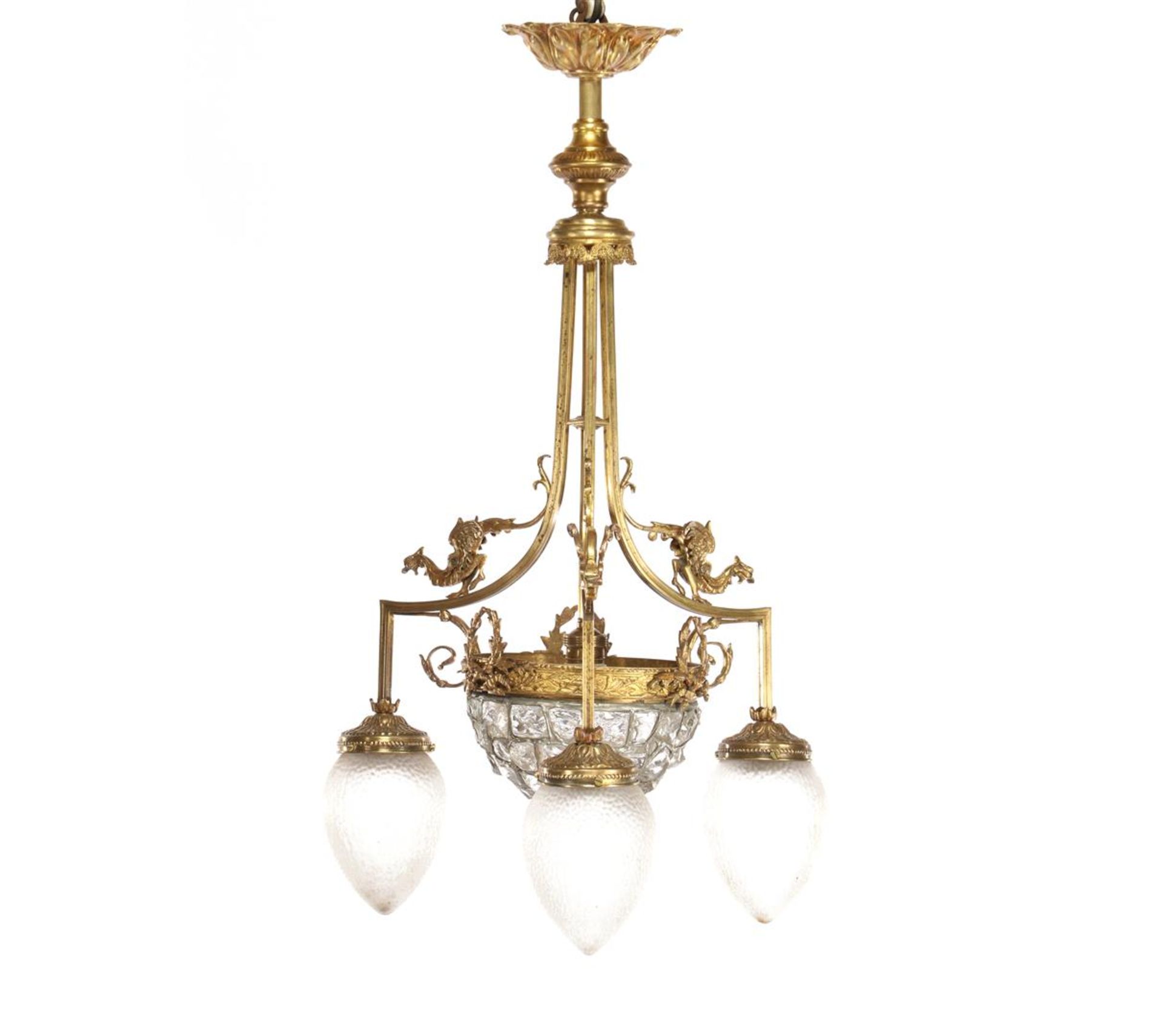 Classic bronze hanging lamp with 3 shades and a decorated glass bowl, approx. 80 cm high