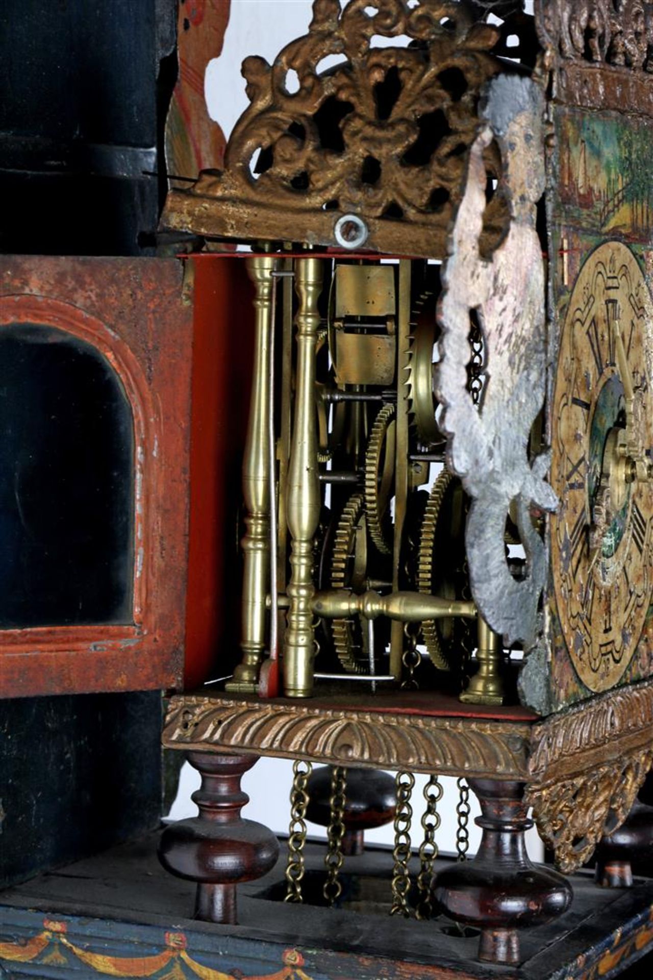 Frisian chair clock with painted dial with landscape decoration, lead ornaments and flanked by - Bild 2 aus 2