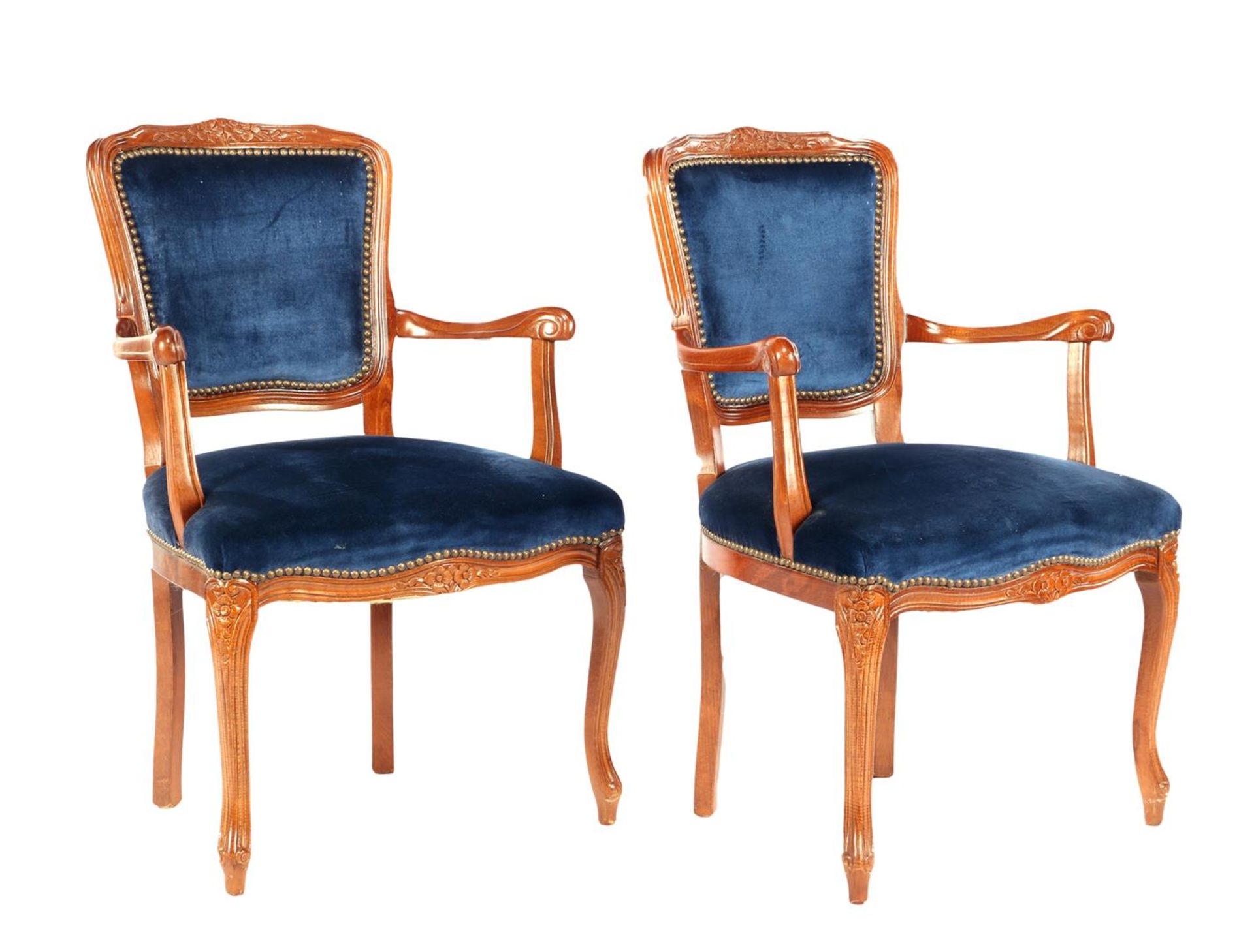 2 classic walnut armchairs with blue mohair upholstery