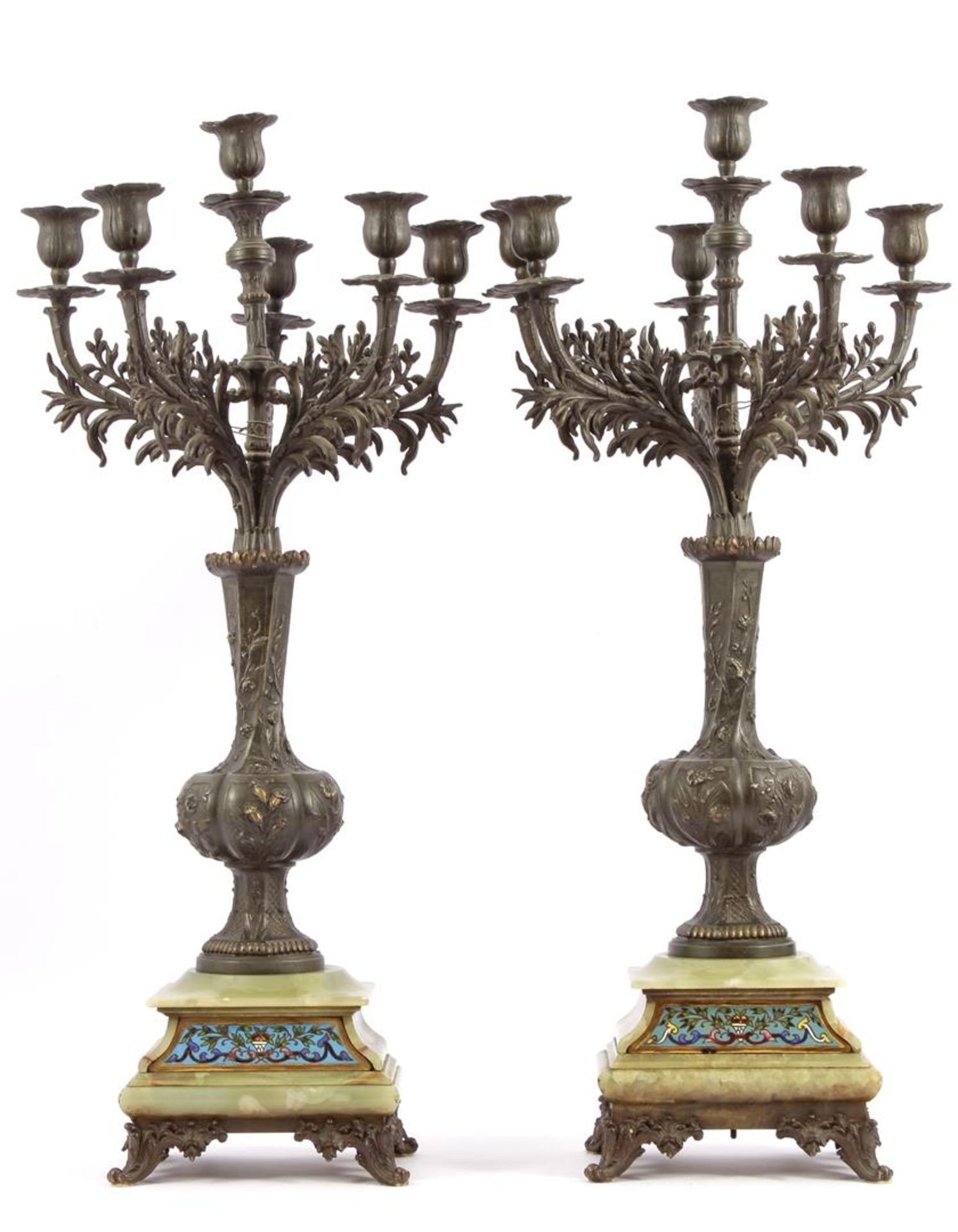 2 metal bronze-colored 6-light candlesticks on onyx base with cloisonne front decoration, 69 cm