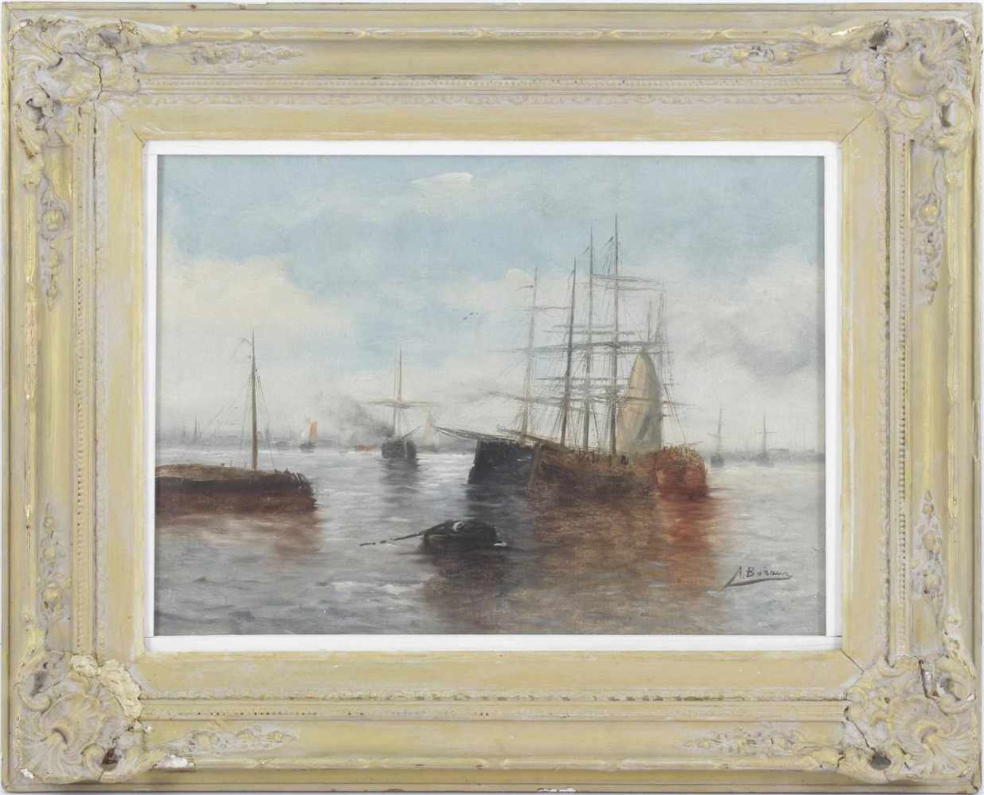 Unclearly signed, Breton harbor with many ships, canvas 35x50 cm