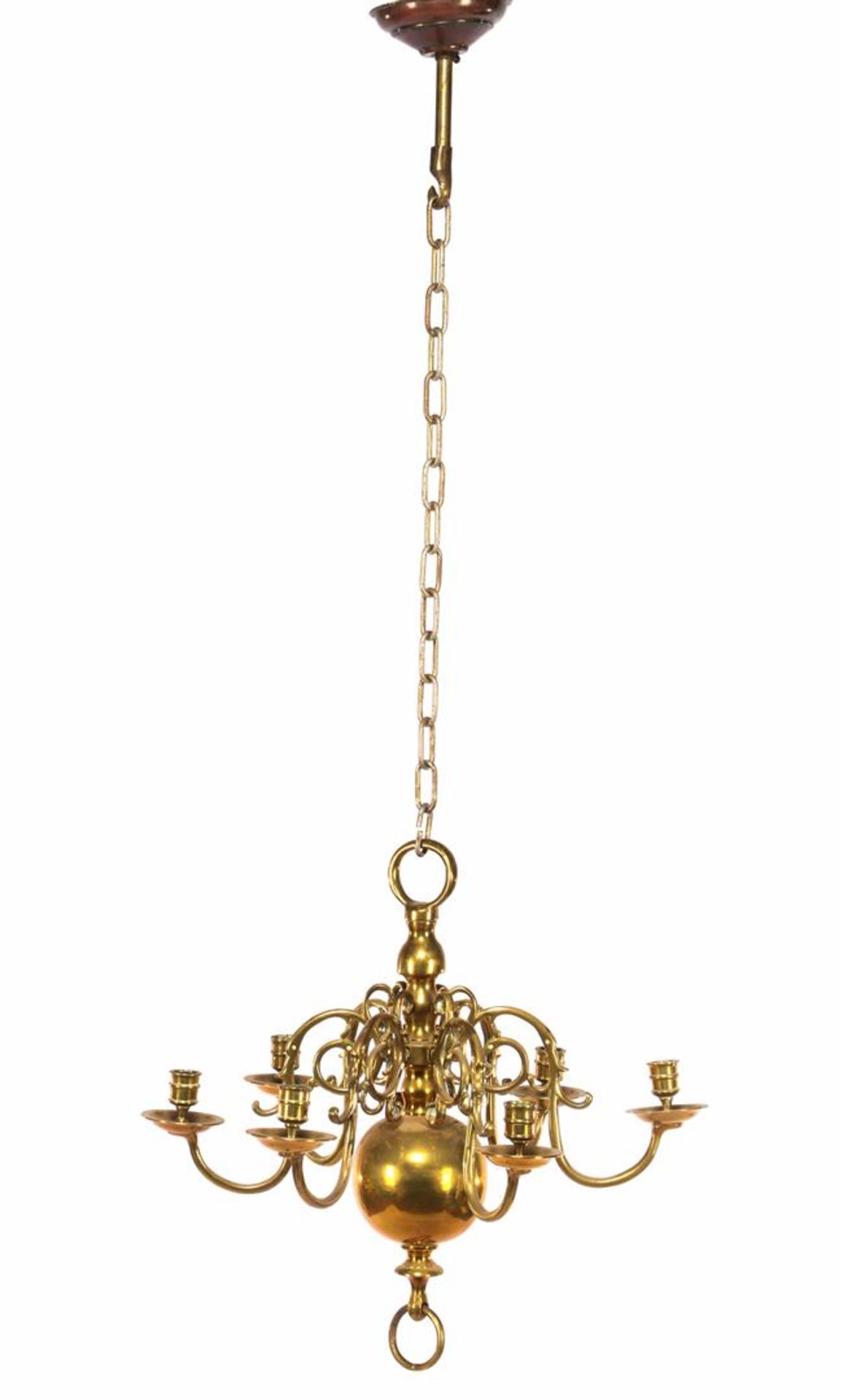 Copper 6-light chandelier, approx. 1900, 107 cm high including chain