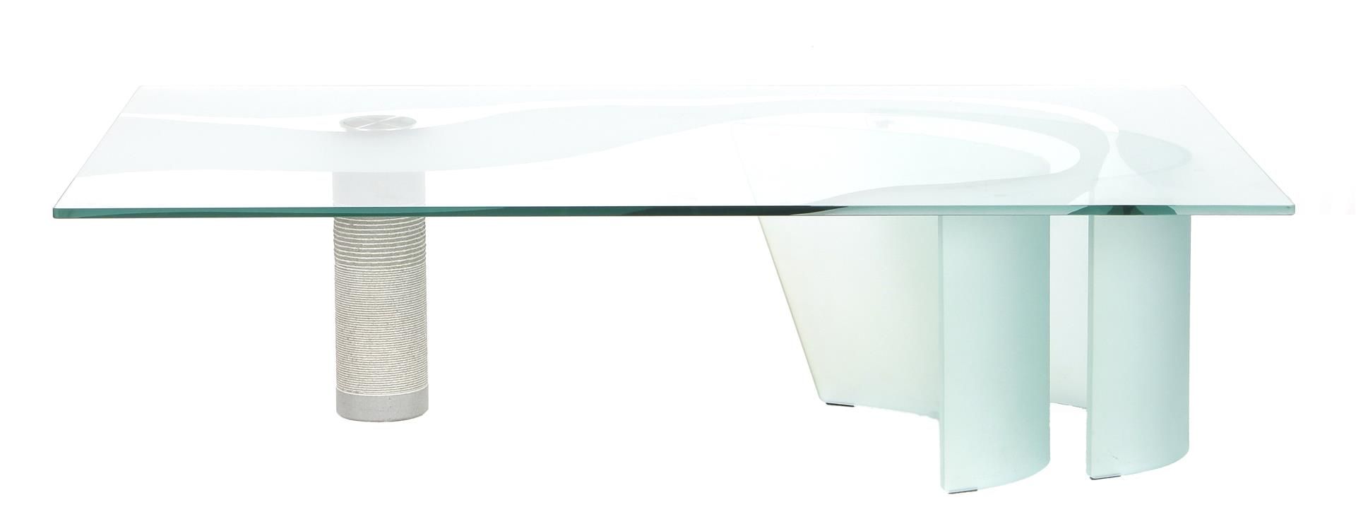 Glass coffee table on grooved concrete column and 2 glass supports, Cattelan Italia, 36 cm high