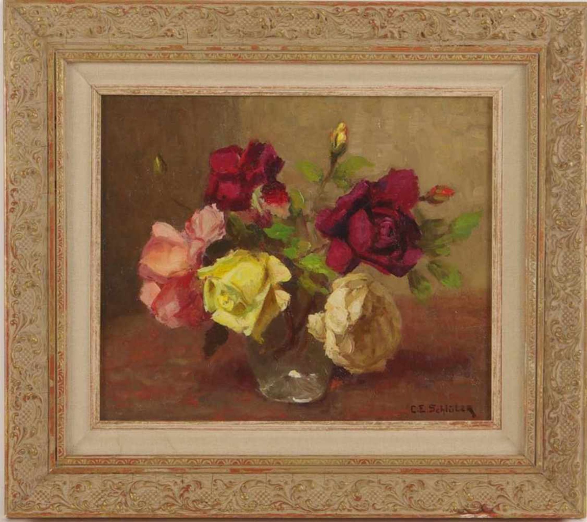 Signed Schluter, Carl Eberhard 1886-1973, Roses in a vase, canvas 25x30