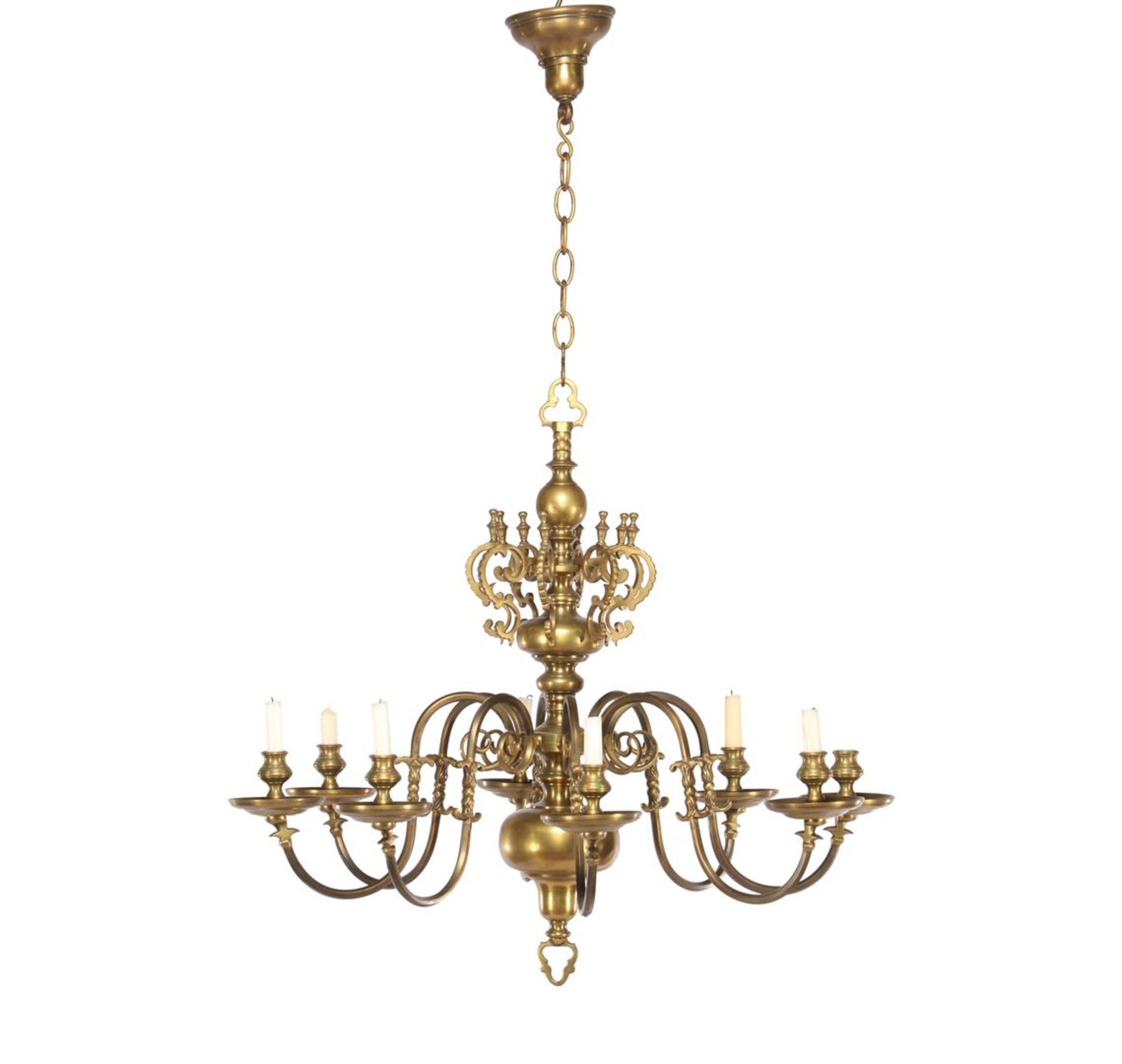 Heavy copper 8-arm ball chandelier, 100 cm high and 81 cm diameter