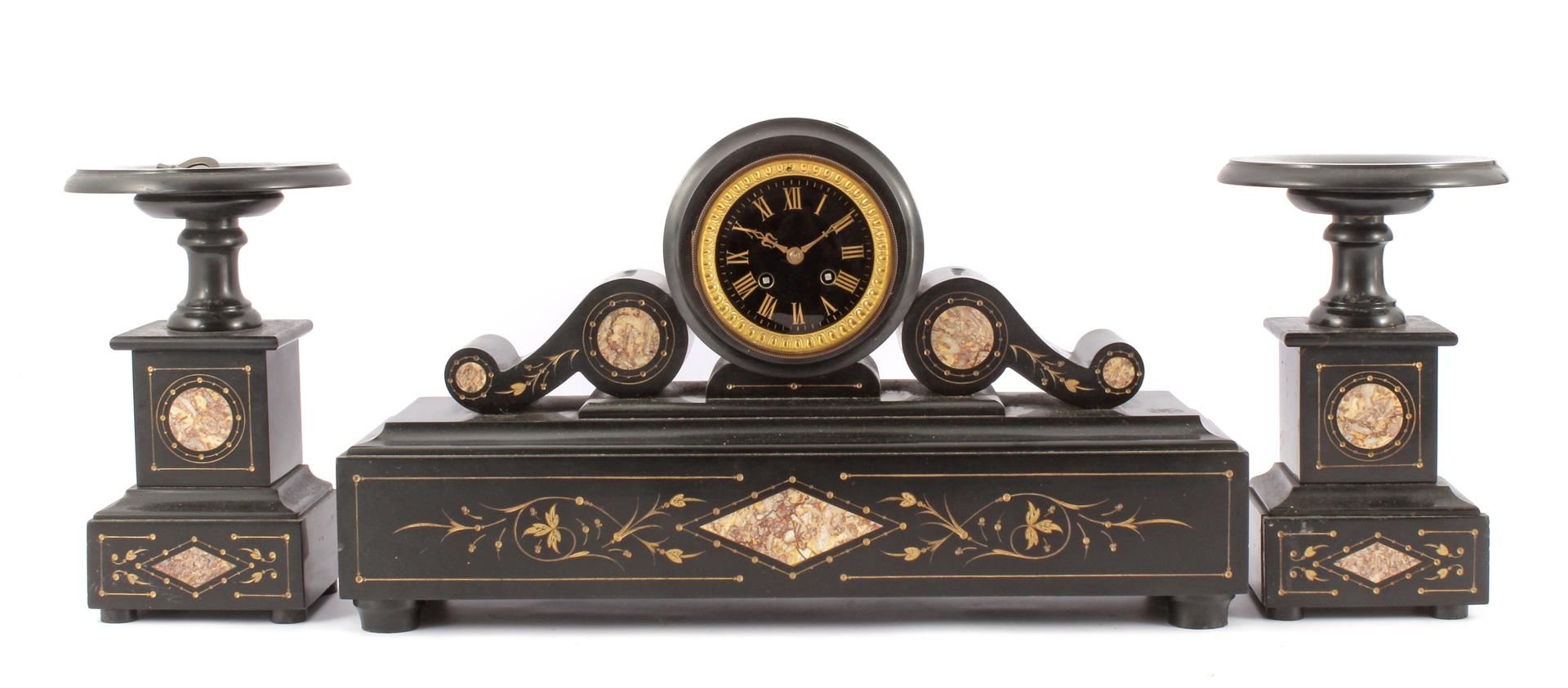 Marble mantel clock 30.5 cm high, 54 cm wide (glass flaw), with 2 sections 28 cm high