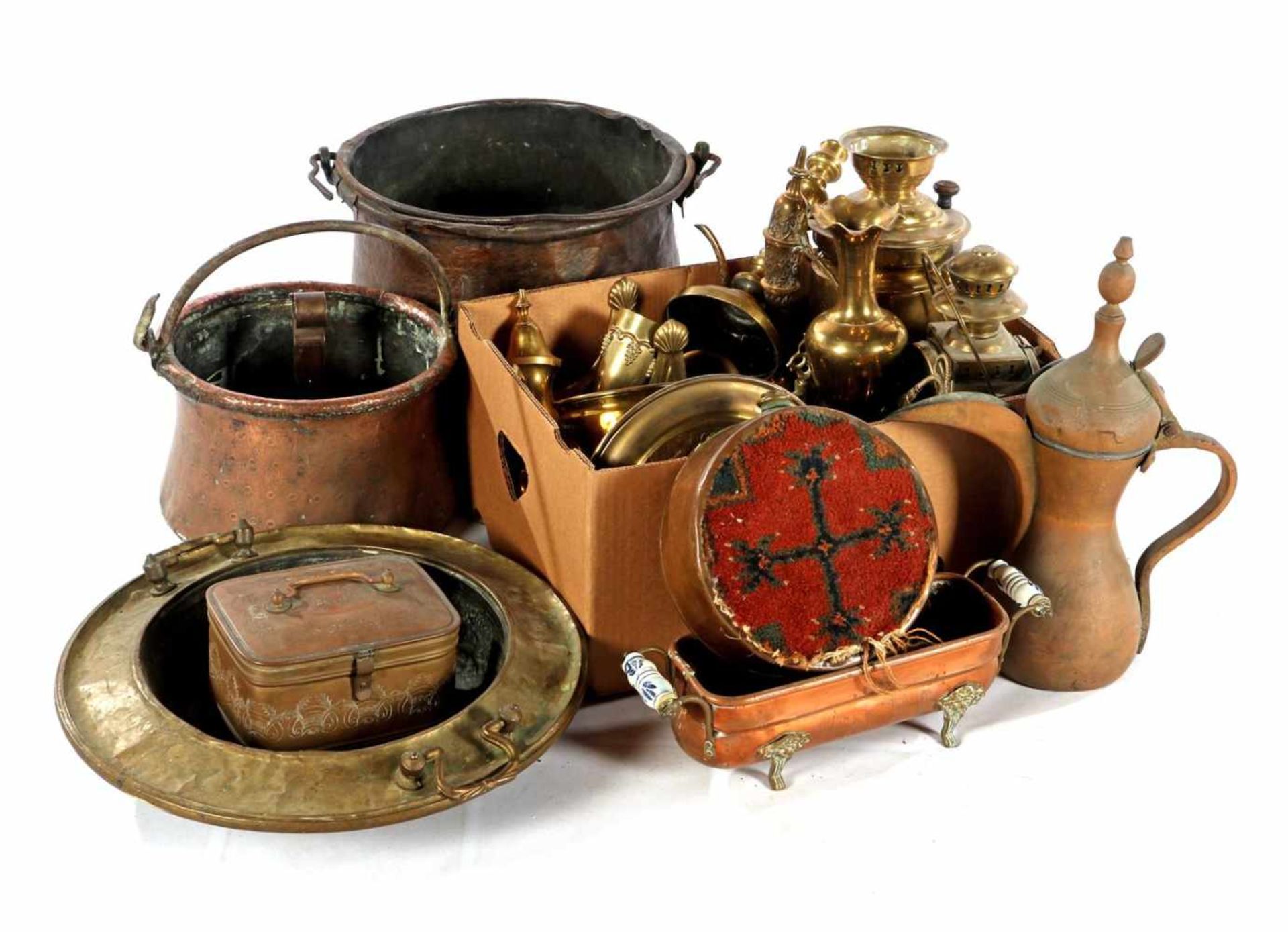 Copper aker, brassero, beak jug, bins and box with lantern, samovar, tap jug, candlesticks etc