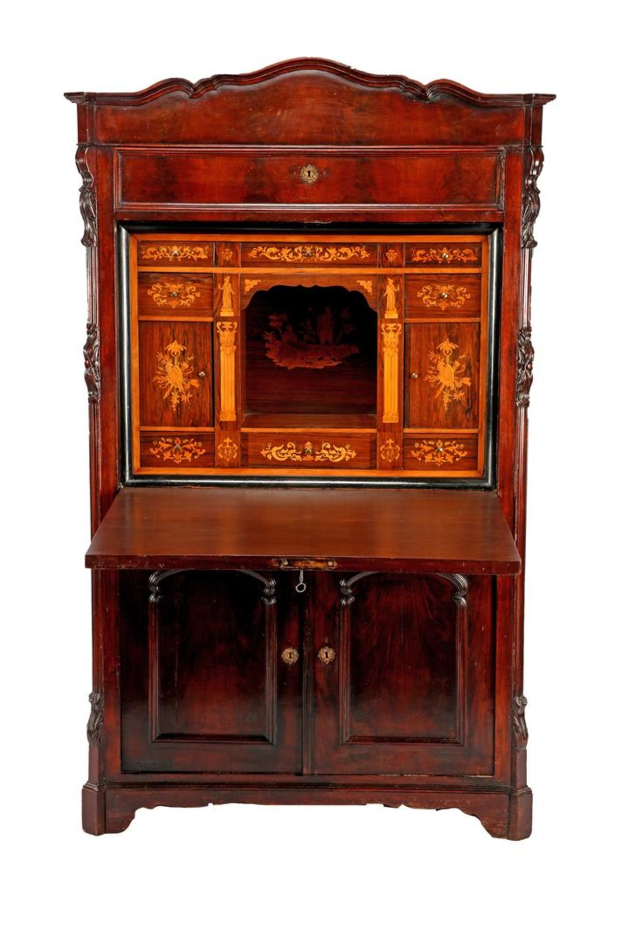 Mahogany veneer 19th century valve desk with beautiful intarsia nesting 168 cm high, 107 cm wide, 47