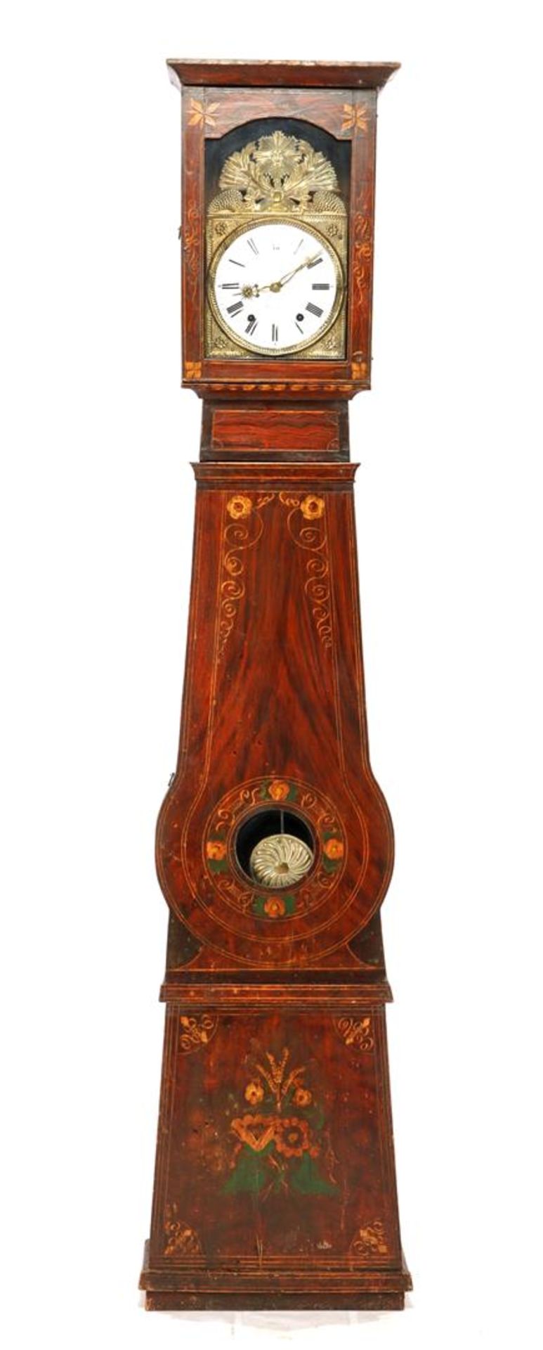 Antique comtoise clock in richly painted wooden case, address Lambert a Pejrehorade, verge