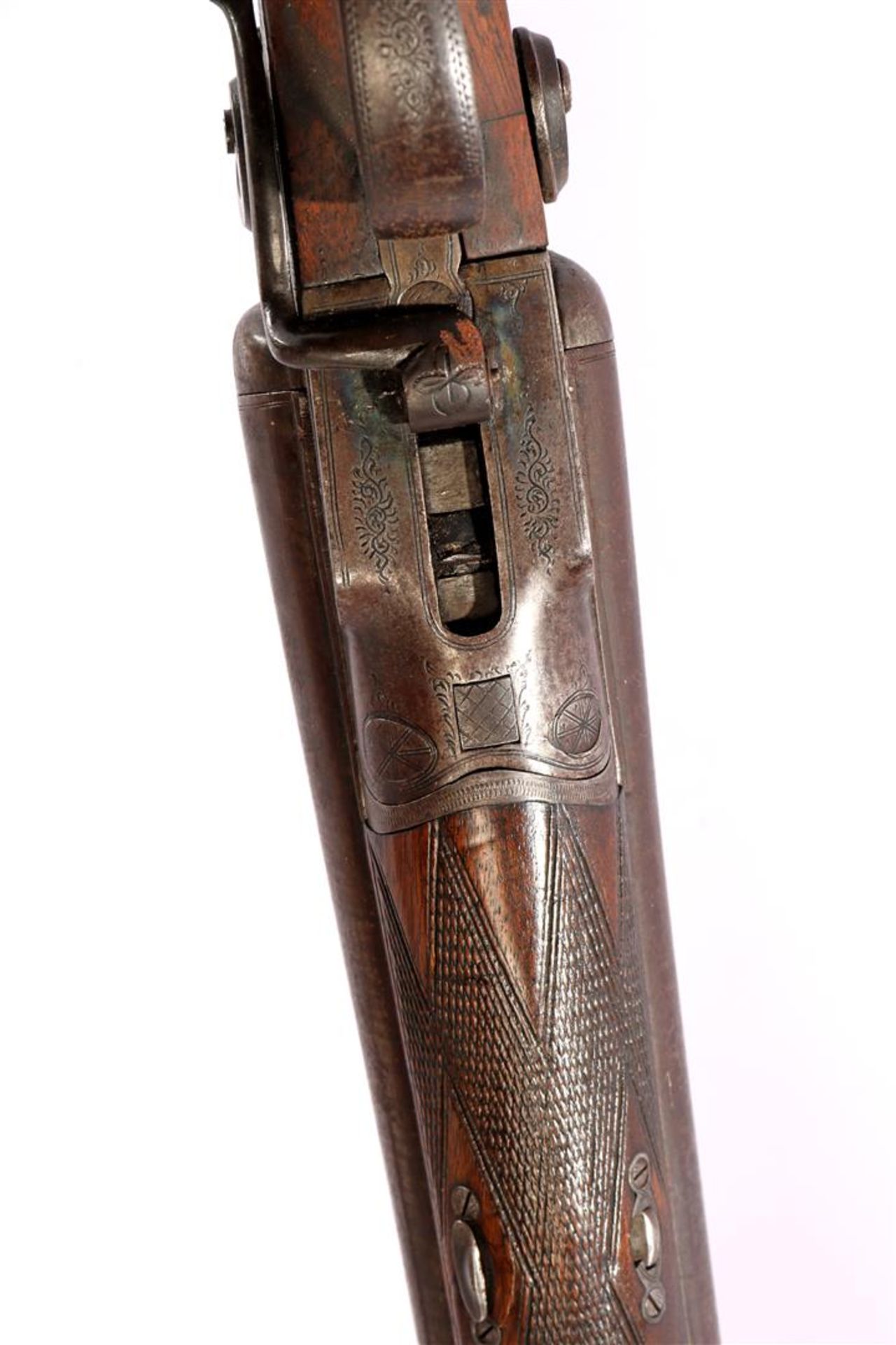 Antique double-barreled shotgun with waffled wooden butt, W Moore & amp; Co, 125 cm long (glued - Image 3 of 4