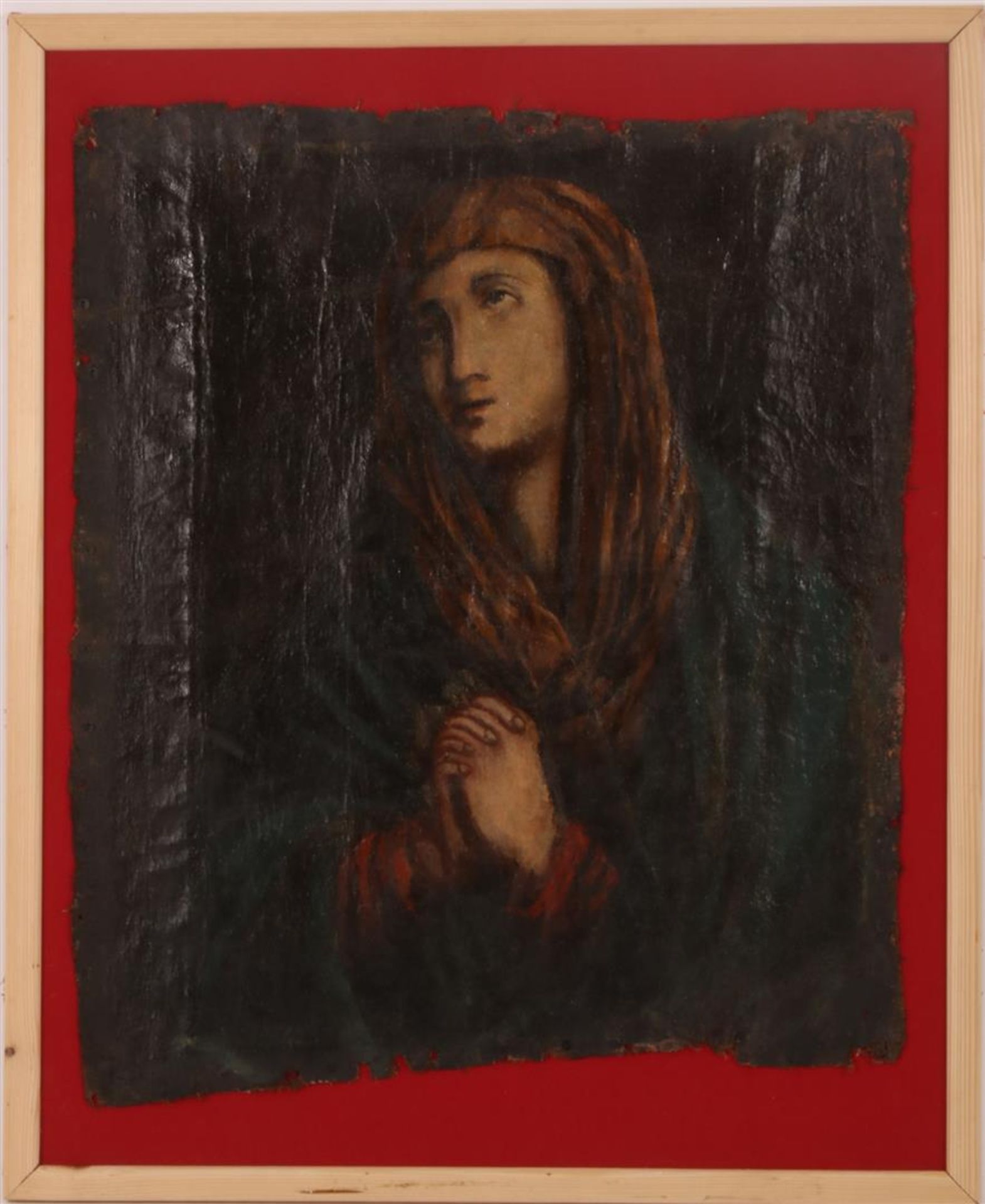 Anonymous, praying Mary, Italian school ca.1850, canvas pasted on a red background, 54x44 cm