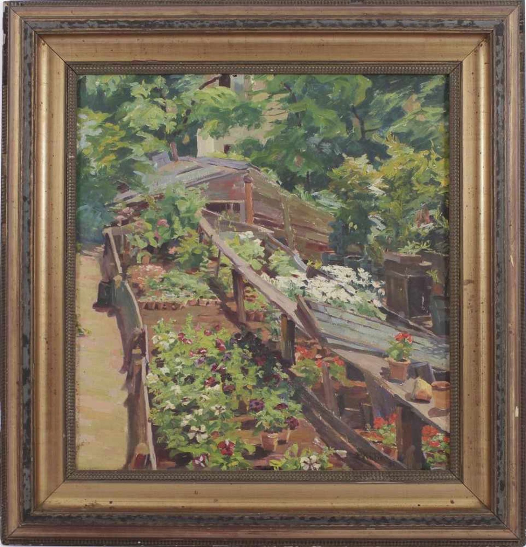 Unsigned signed, Garden with flowering plants in greenhouse, canvas 65x61 cm