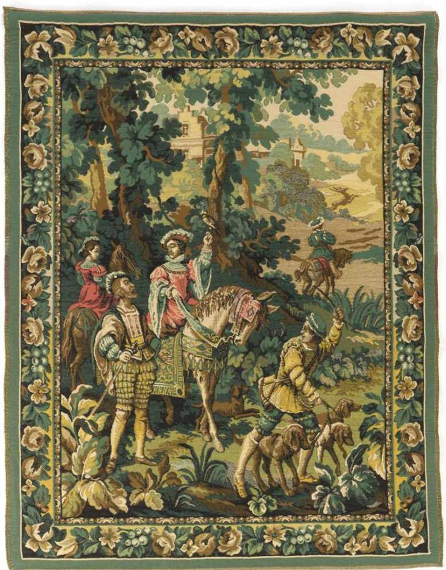 Woven tapestry with hunting scene 155 cm high, 125 cm wide