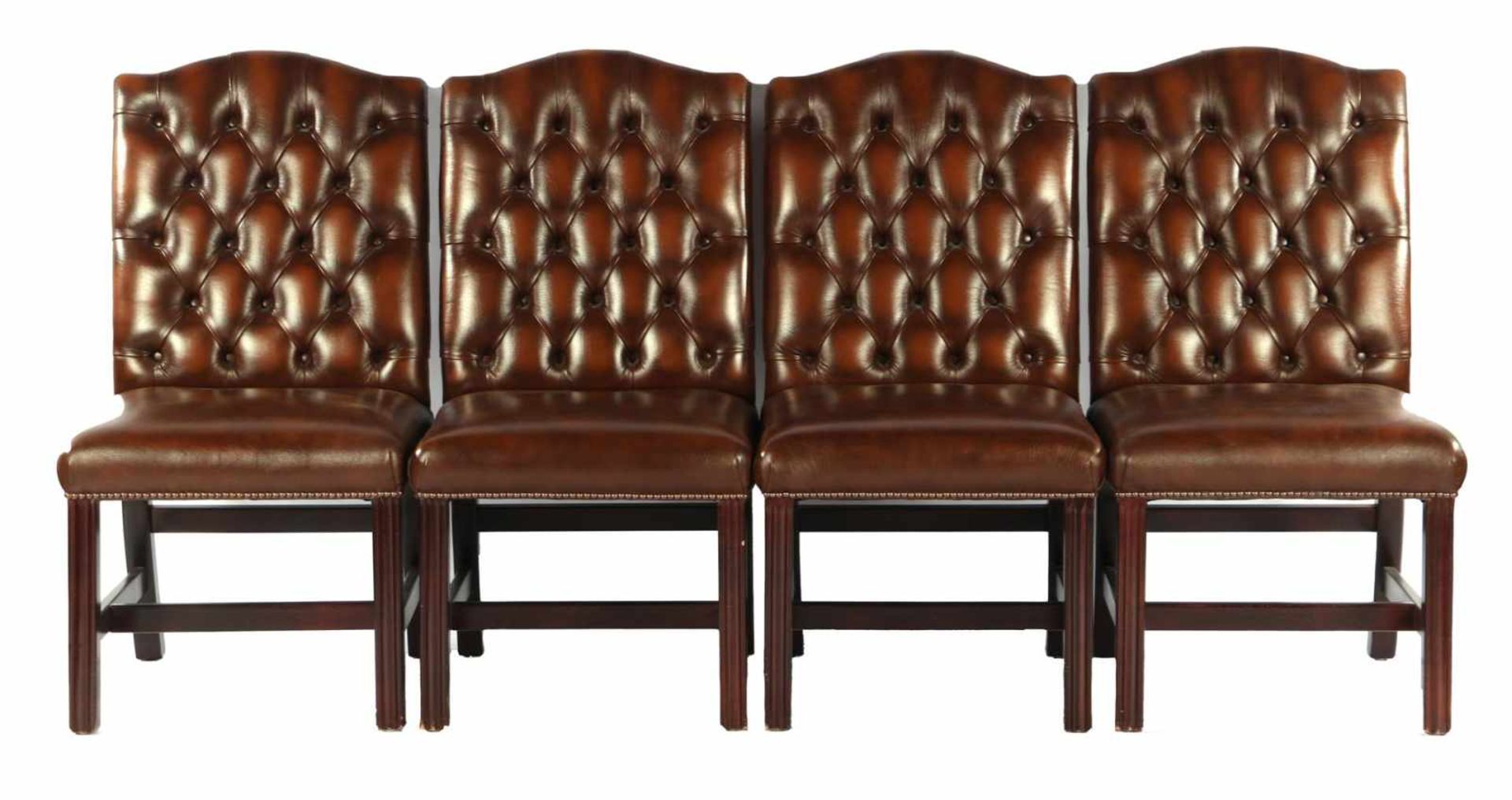 4 Springvale leather Chesterfield dining room chairs, with beech nut frame, made in the UK