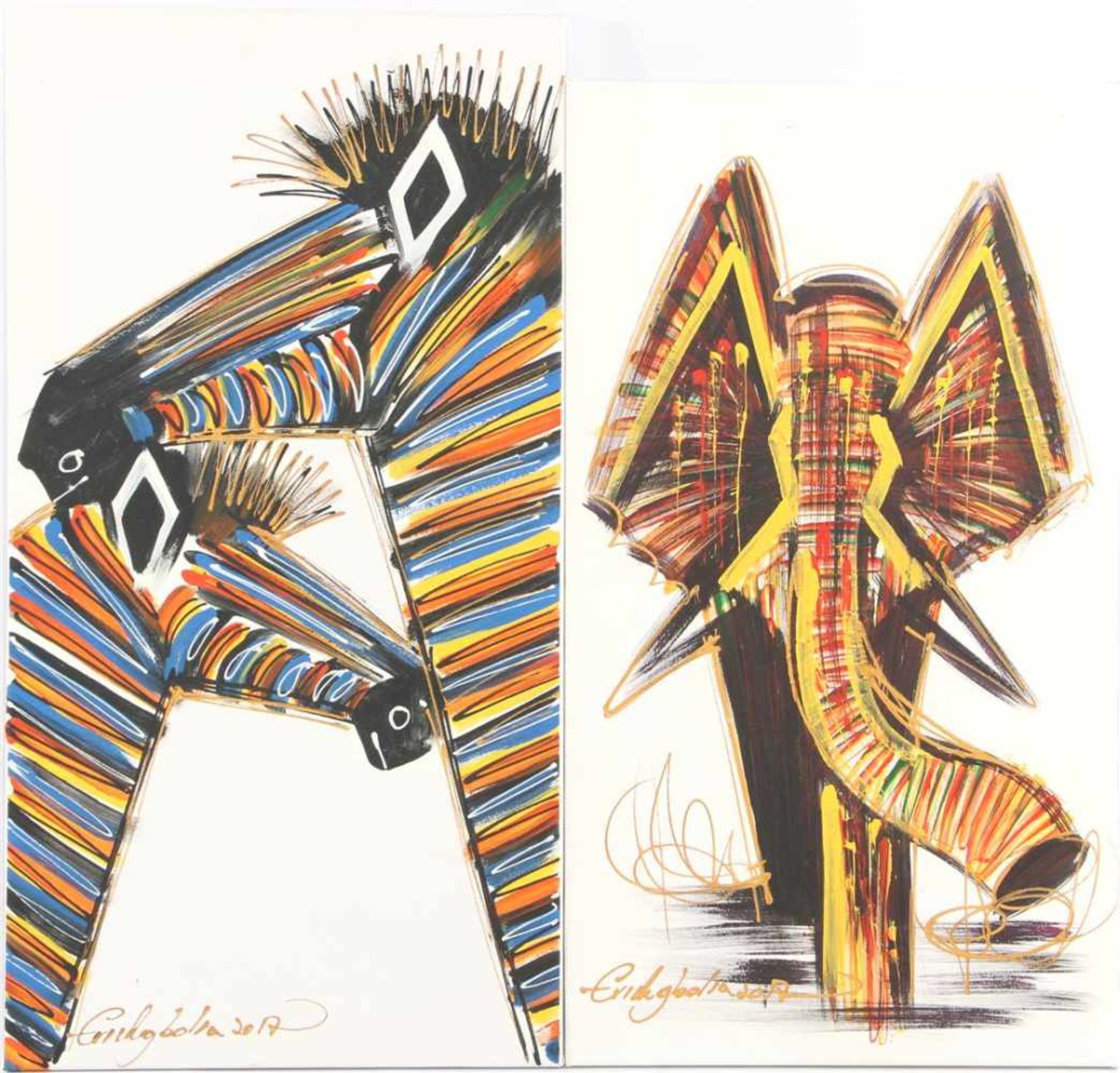 2x unclearly signed, elephant and 2 zebras, 93x52 cm and 99x51.5 cm